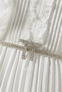 Beyaz Kristal Toka Detay Midi Tasarım Elbise