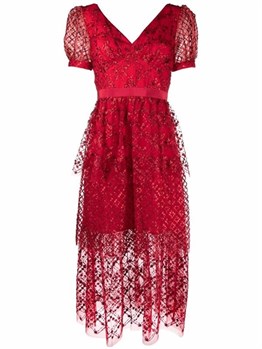 Kırmızı Pul İşlemeli Midi Tasarım Elbise