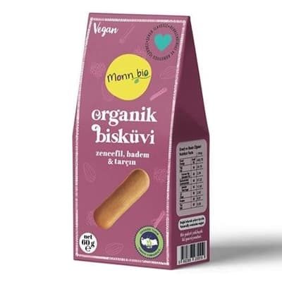 Organik Zencefil,Badem ve Tarçınlı Bisküvi (60 gr) Monn Bio
