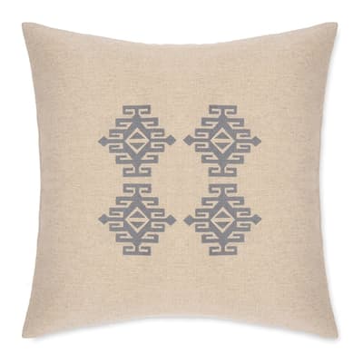 Gri İşlemeli Keten Kare Yastık Kılıfı