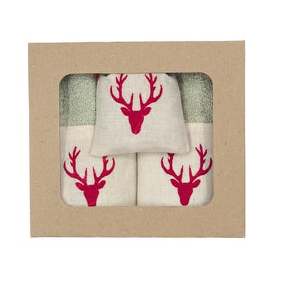 Kırmızı Geyik Nakışlı İkili Havlu Seti