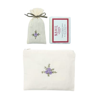 Mor Gül Nakışlı Lavanta Kesesi ve Sabun Set