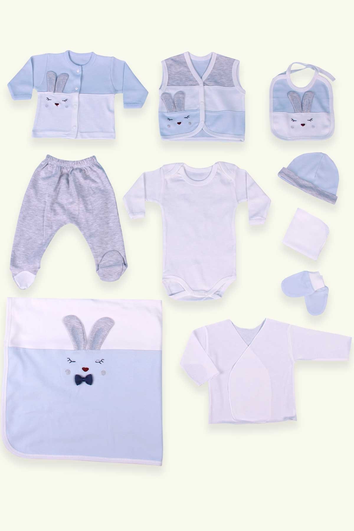 Erkek Bebek Hastane Çıkışı 10 lu Uyuyan Tavşan Desenli Bebe Mavisi (0-3 Ay)  - BREEZE