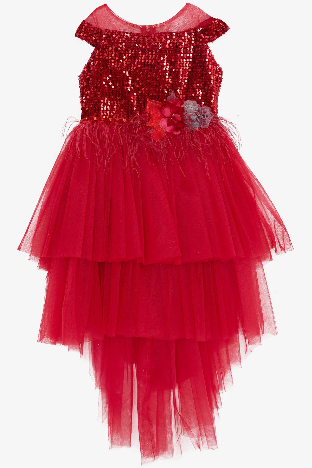 Kız Çocuk Abiye Elbise Pullu Tüy Detaylı Aksesuarlı Kırmızı 9-10 Yaş -  Yazlık Elbiseler | Breeze