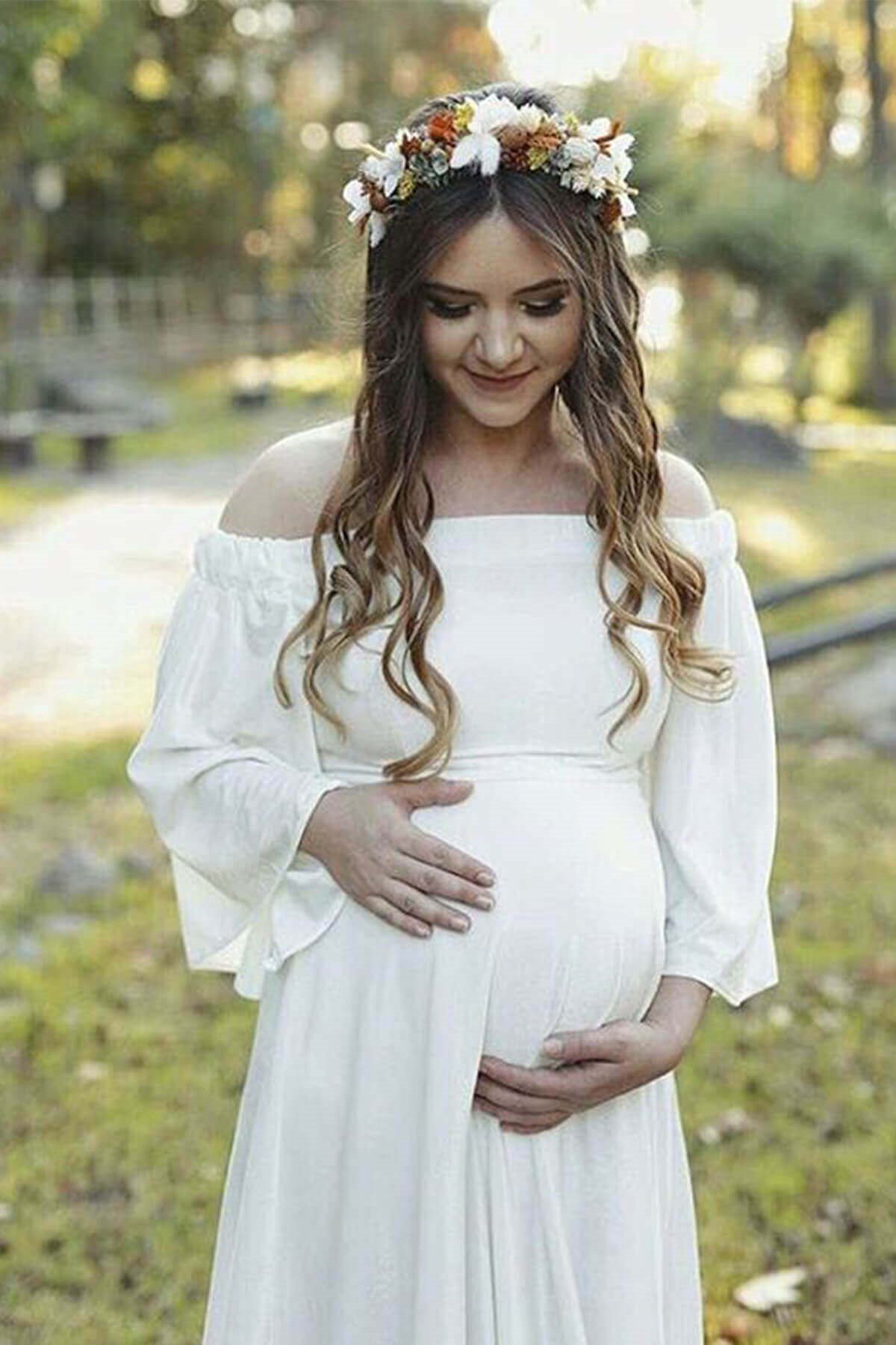Düşük Omuz Kadife Hamile Elbise-Beyaz | Moda Labio