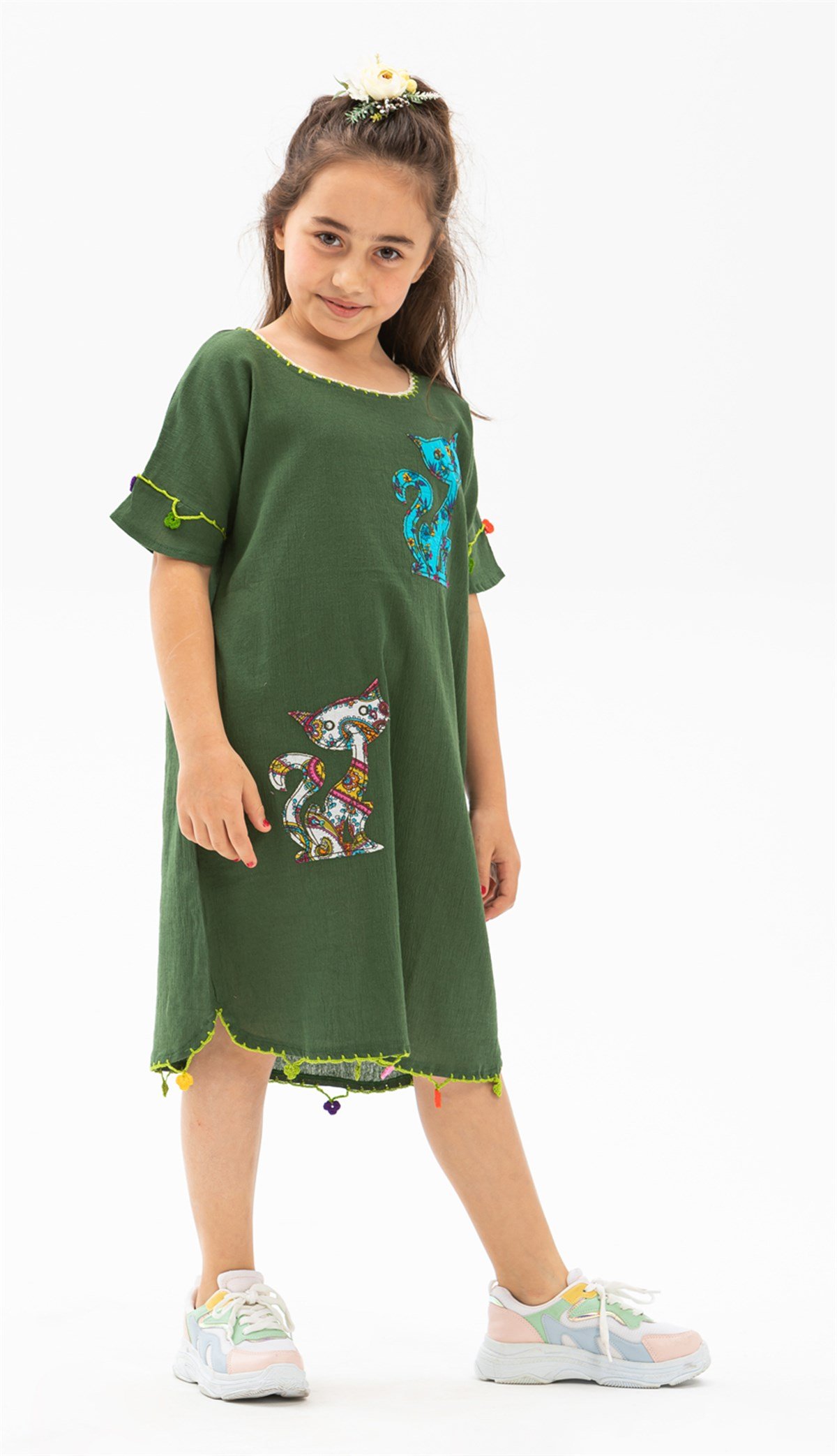 Özge Şile Bezi Kız Çocuk Elbise Yeşil | silemoda.com
