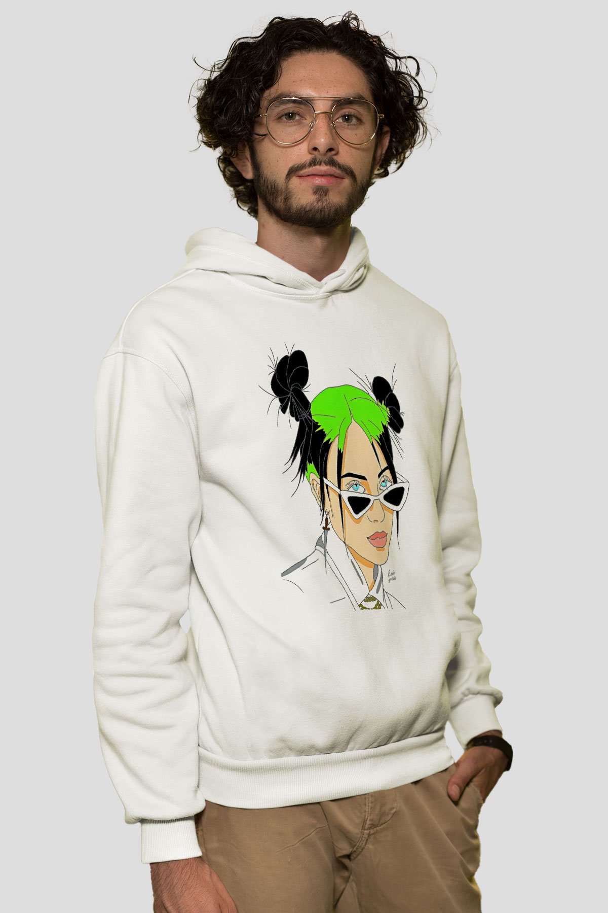 Billie Eilish Baskılı Unisex Beyaz Kapüşonlu Sweatshirt - Hoodie