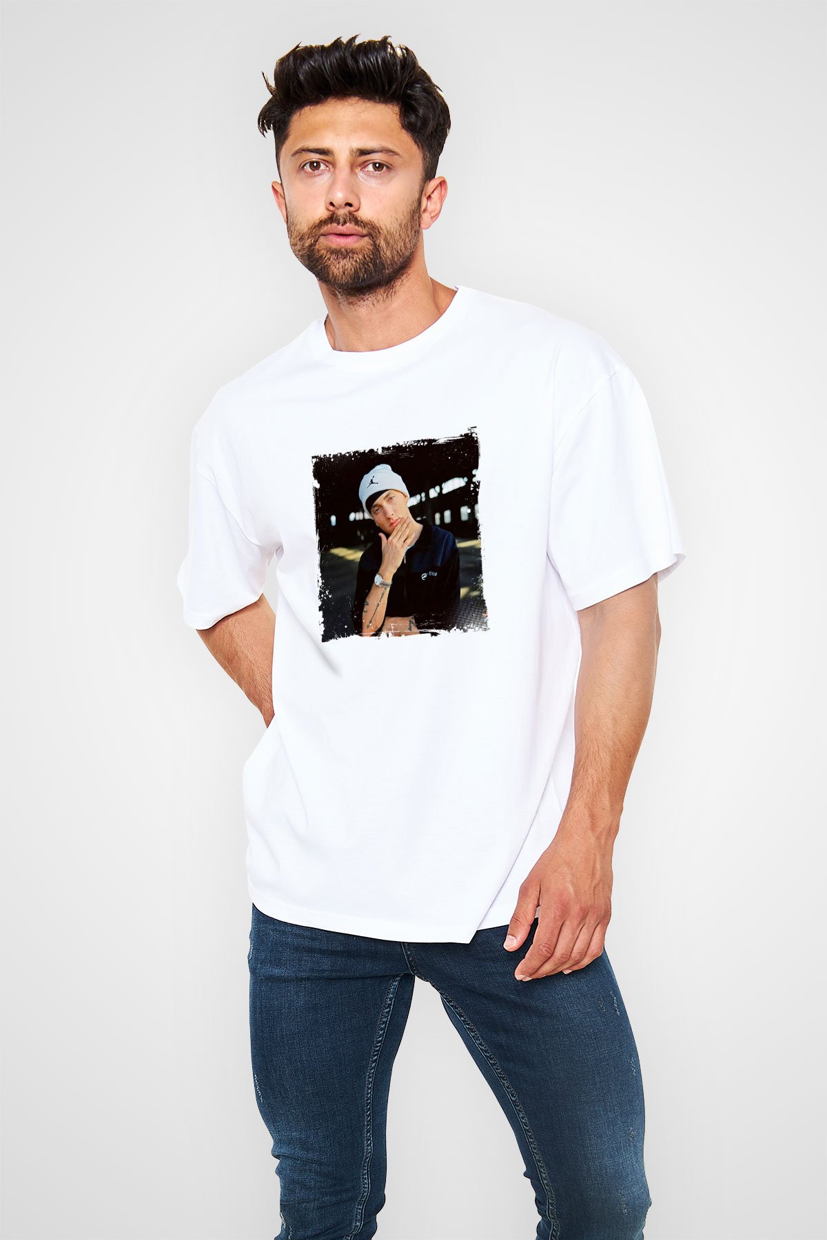 Eminem Baskılı Oversize Beyaz Tişört
