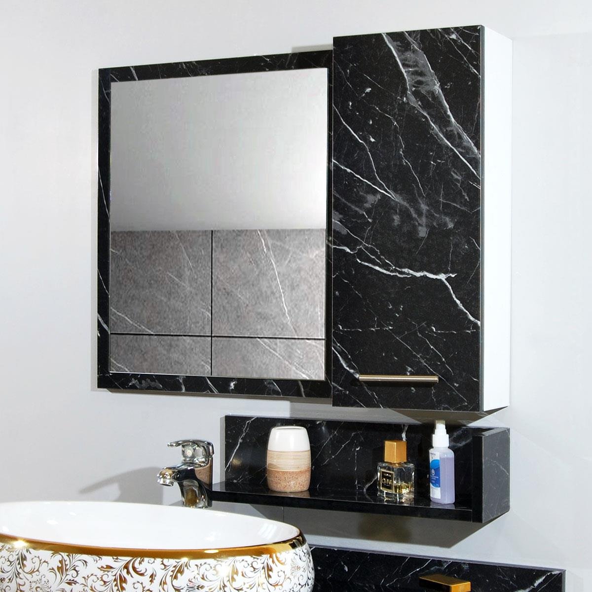 Nurcelant Banyo Lavabo Dolabı Aynalı Raflı 80 cm Üst Modül Siyah