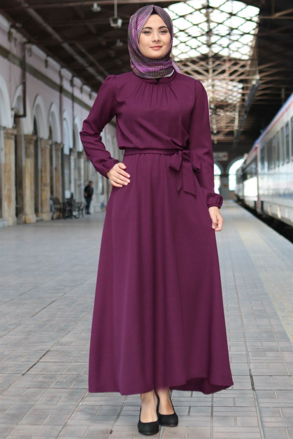 Dress - Crepe - Unlined - Crew Neck - Plum - FHM608