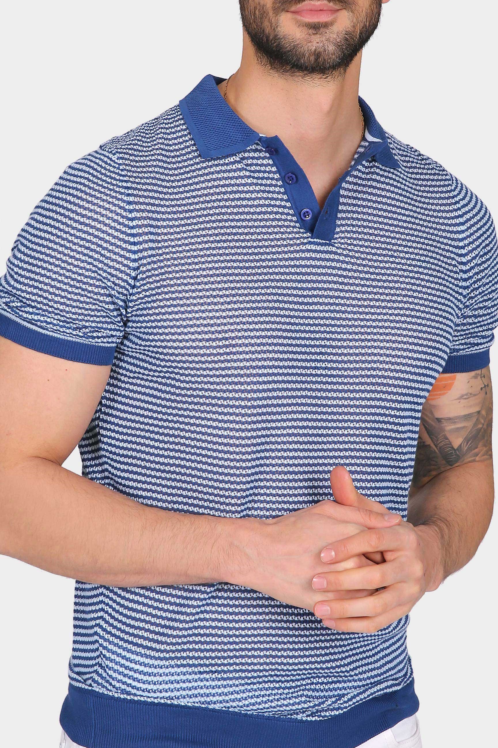 Ferraro Erkek Beyaz Çizgili Delikli Polo Yaka Düğmeli Triko T Shirt - Saks  Mavi | Erkek Giyim | modaferraro.com.tr