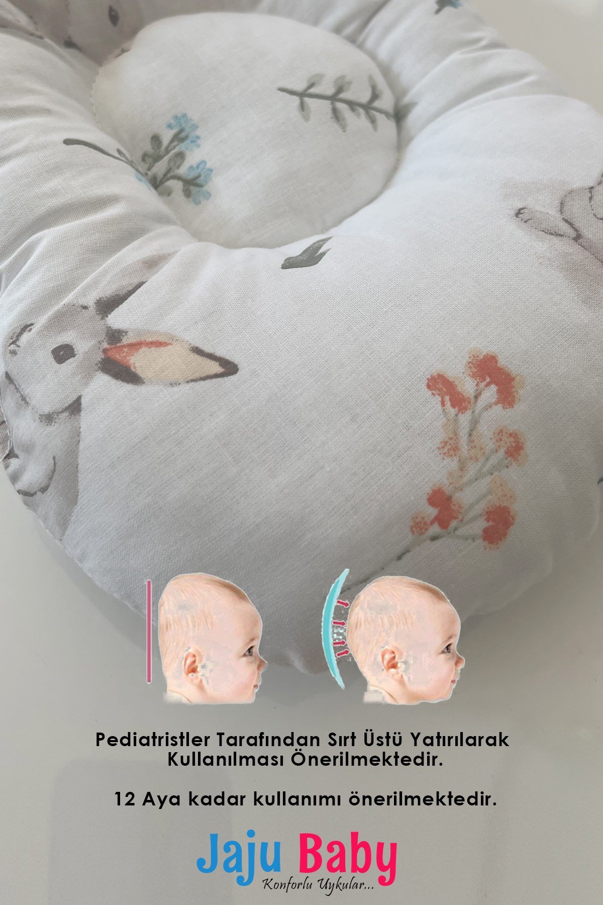 Jaju Baby Tavşan Düz Kafa Yastığı Bebek Kafa Şekillendirici Yastık Bebek Yastığı  Düz Kafa Sendorumu Önleyici