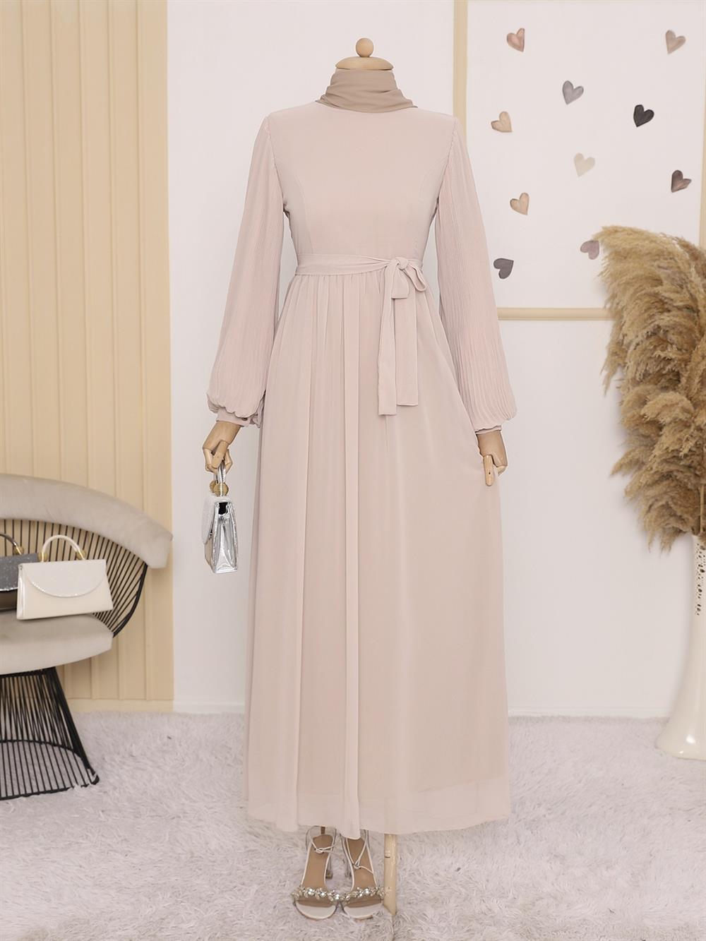Kolları Plise Detaylı Önü Kuplu Şifon Elbise -Bej - 111-60949-R56 | Rita  Marka Chiffon Evening Dress Modelleri | Kadın Tesettür Giyim -  KaliteMall.com