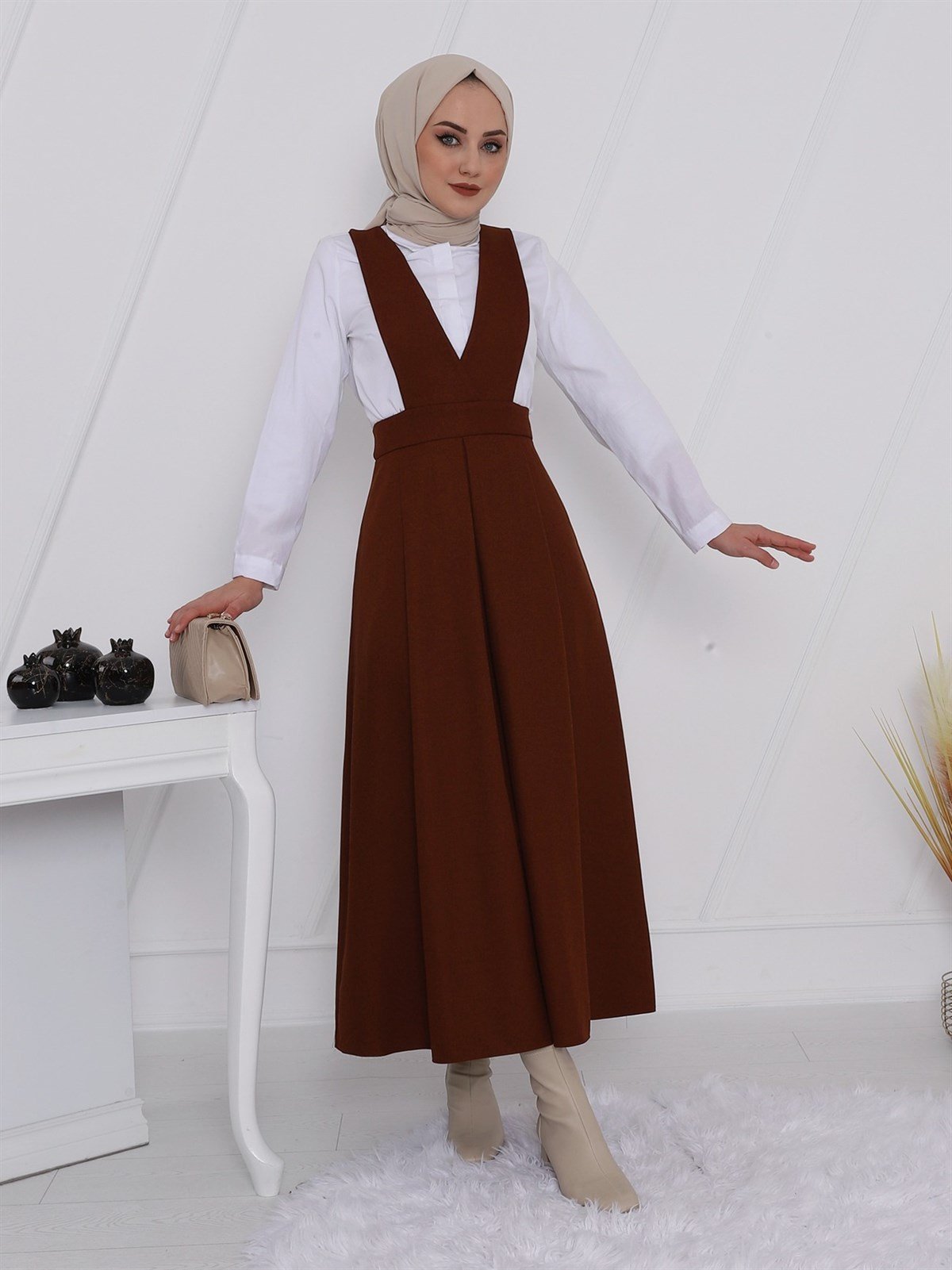Pileli Kalın Askılı Uzun Jile -Kahverengi - 111-61000-R15 | Rita Marka Elbise  Modelleri | Kadın Tesettür Giyim - KaliteMall.com