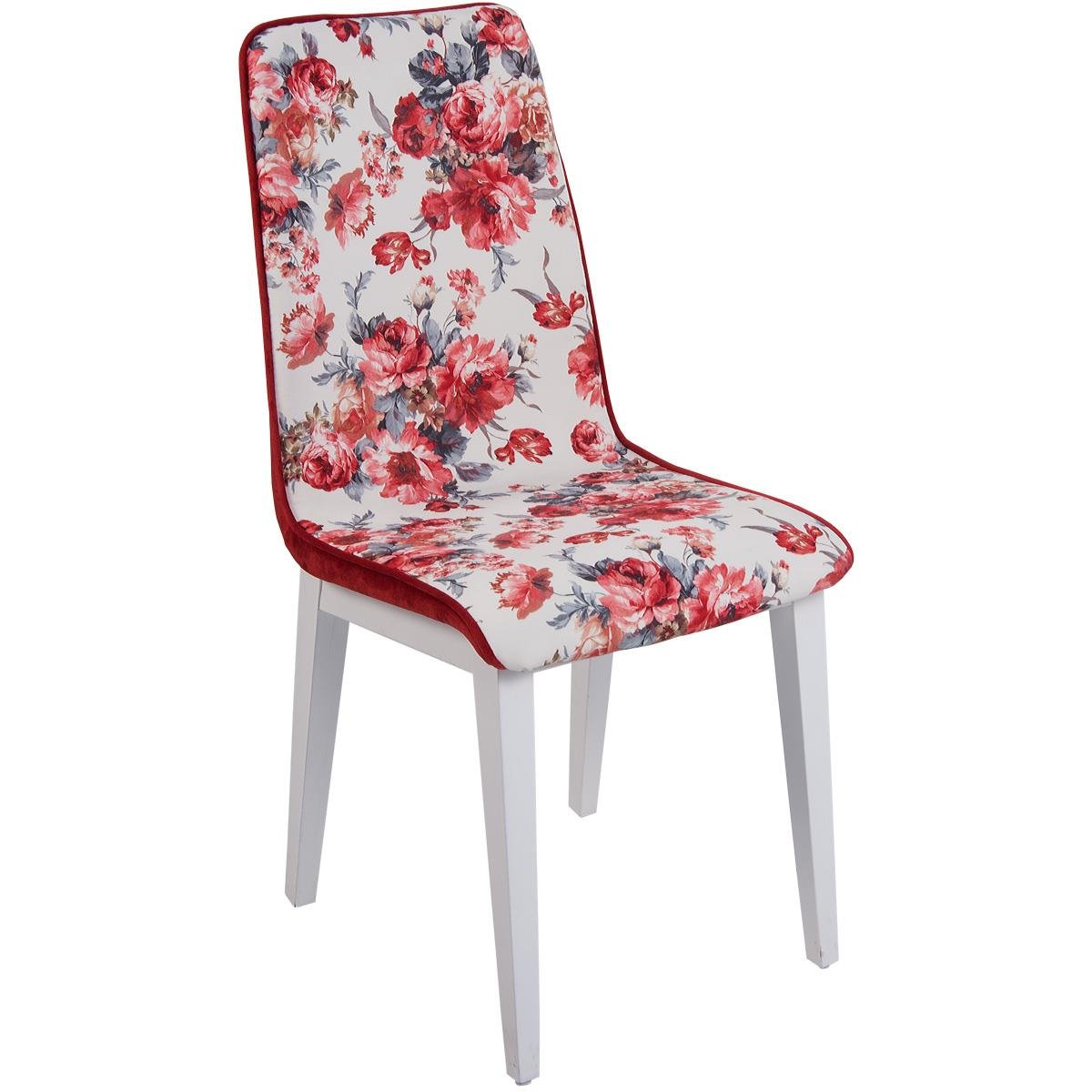 Kırmızı Çiçekli Sandalye ve Beyaz Cam Masa Takımı | Kristal Masa & Sandalye