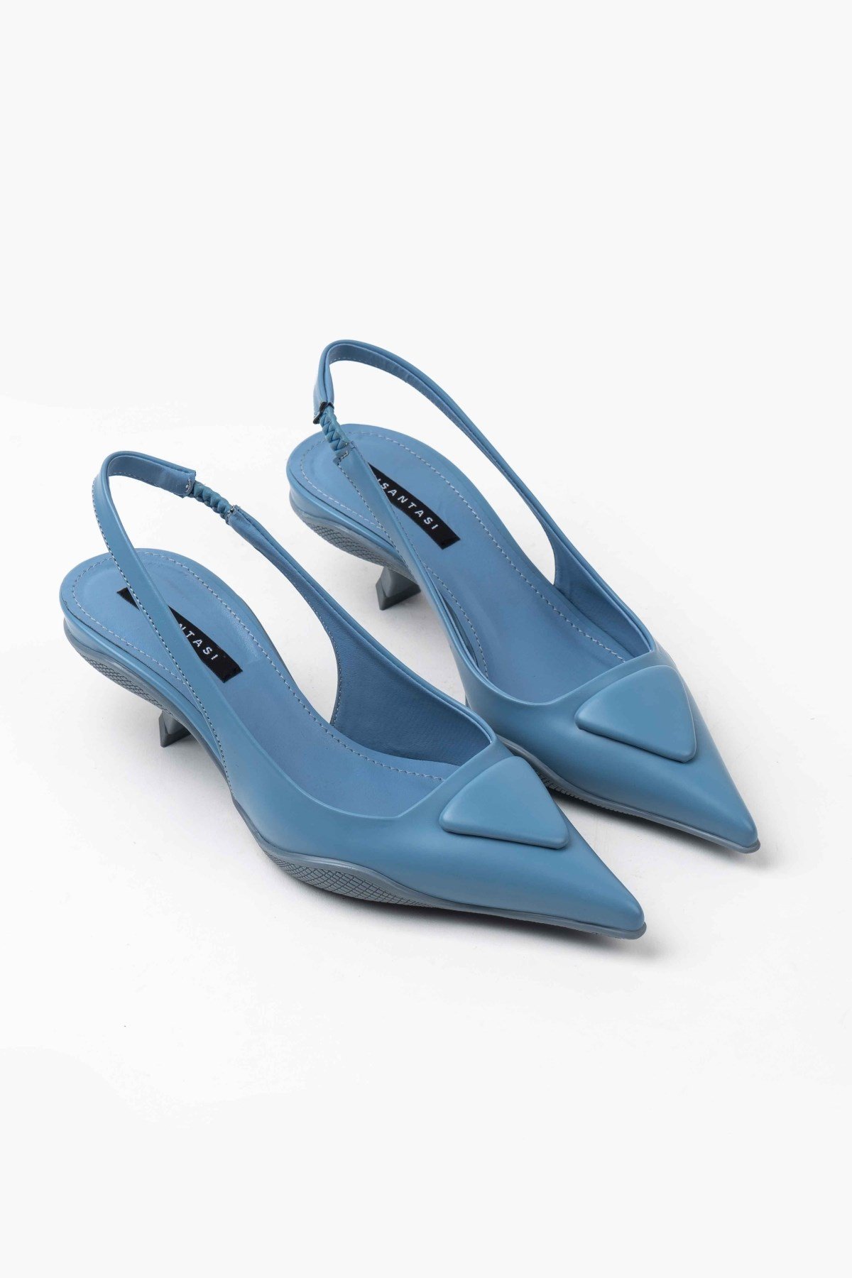 Diamond Mavi Mat Rugan Arka Lastikli Kadın Topuklu Ayakkabı
