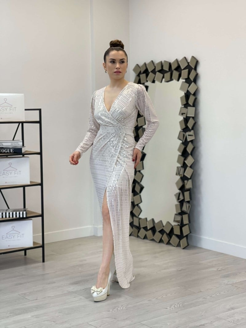 فستان ترتر مزدوج الصدر - الأبيض | Giyim Masalı