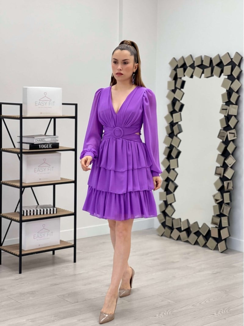 Şifon Krep Kumaş Sırt Detaylı Elbise - MOR | Giyim Masalı