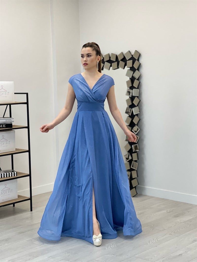 فستان لامع من التول - ازرق نيلي | Giyim Masalı