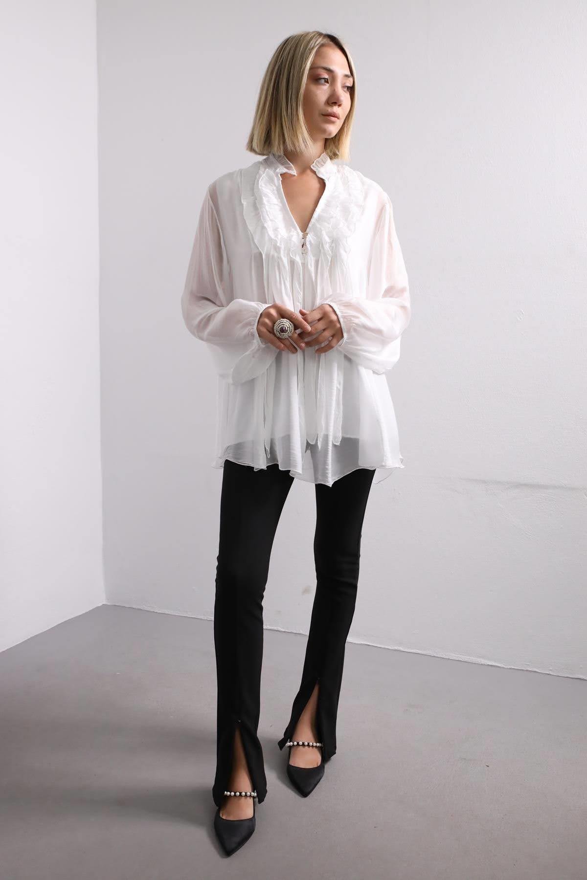 White silk ruffle blouse sales