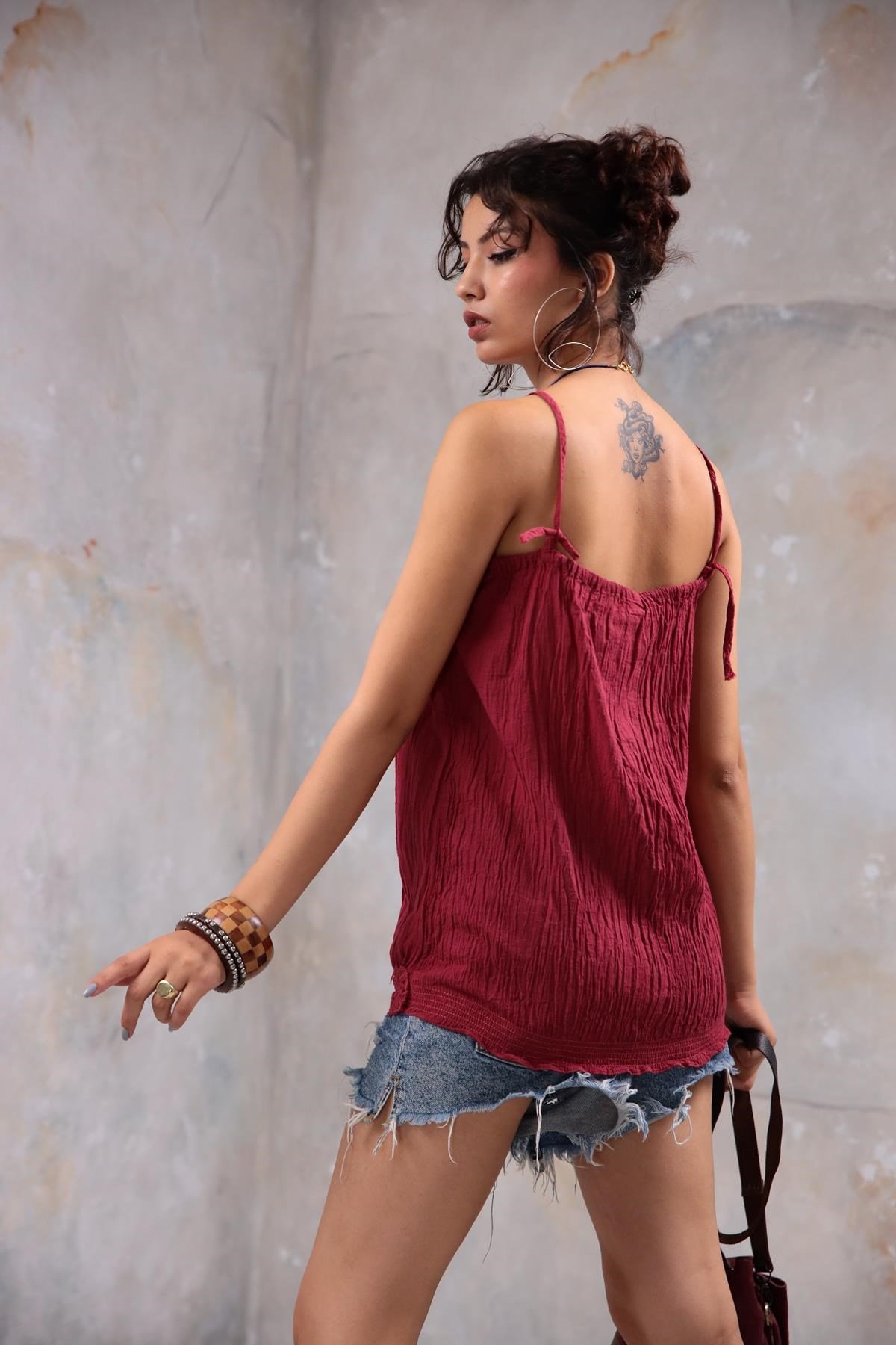 Burgundy Strappy Guipure Detailed Blouse - Saman Butik | Shop Online