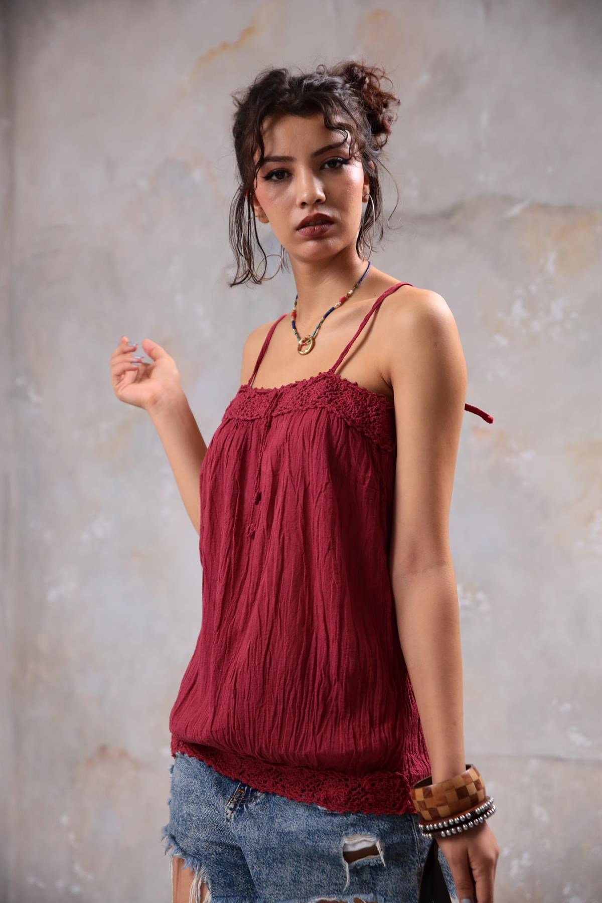 Burgundy Strappy Guipure Detailed Blouse - Saman Butik | Shop Online