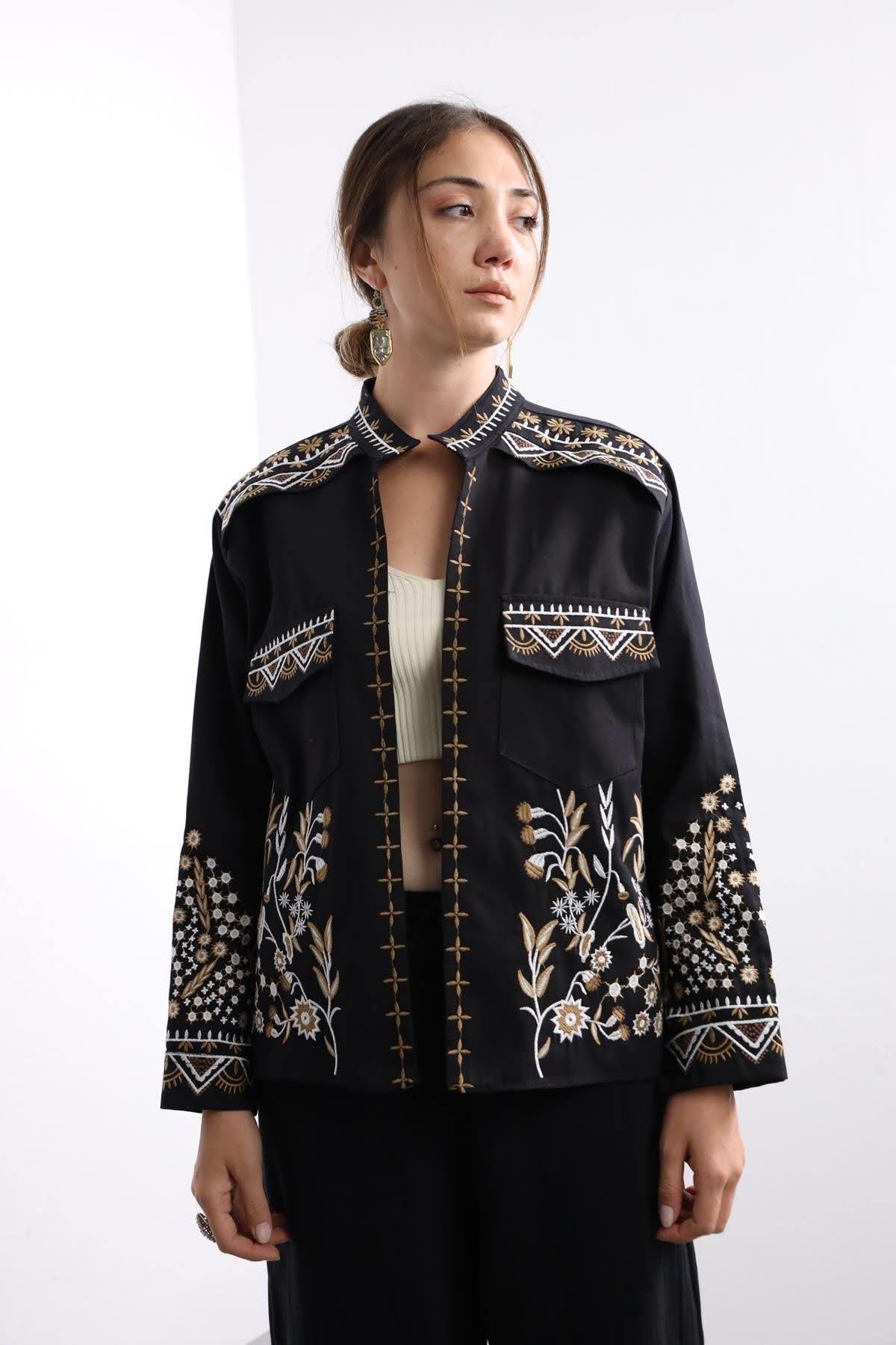 Black Ethnic Embroidered Jacket - Saman Butik | Shop Online