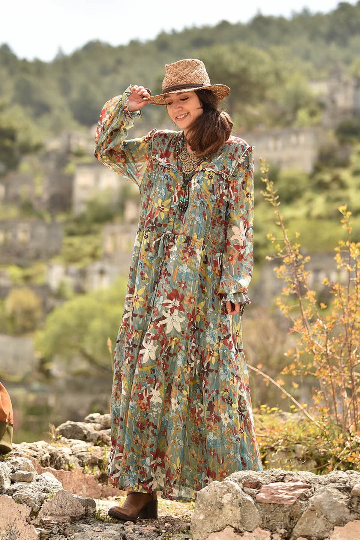 Floral Pattern Bohemian Dress - Şaman Butik | Boho Fashion