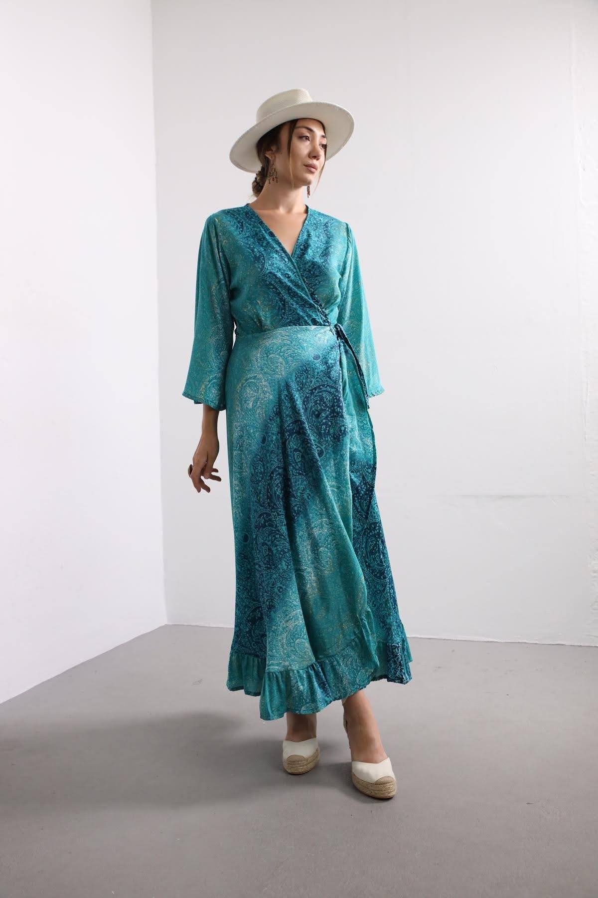 Mavi Desenli Anvelop İpek Elbise - Şaman Butik - Bohem Giyim ve Aksesuar |  Kadın & Erkek