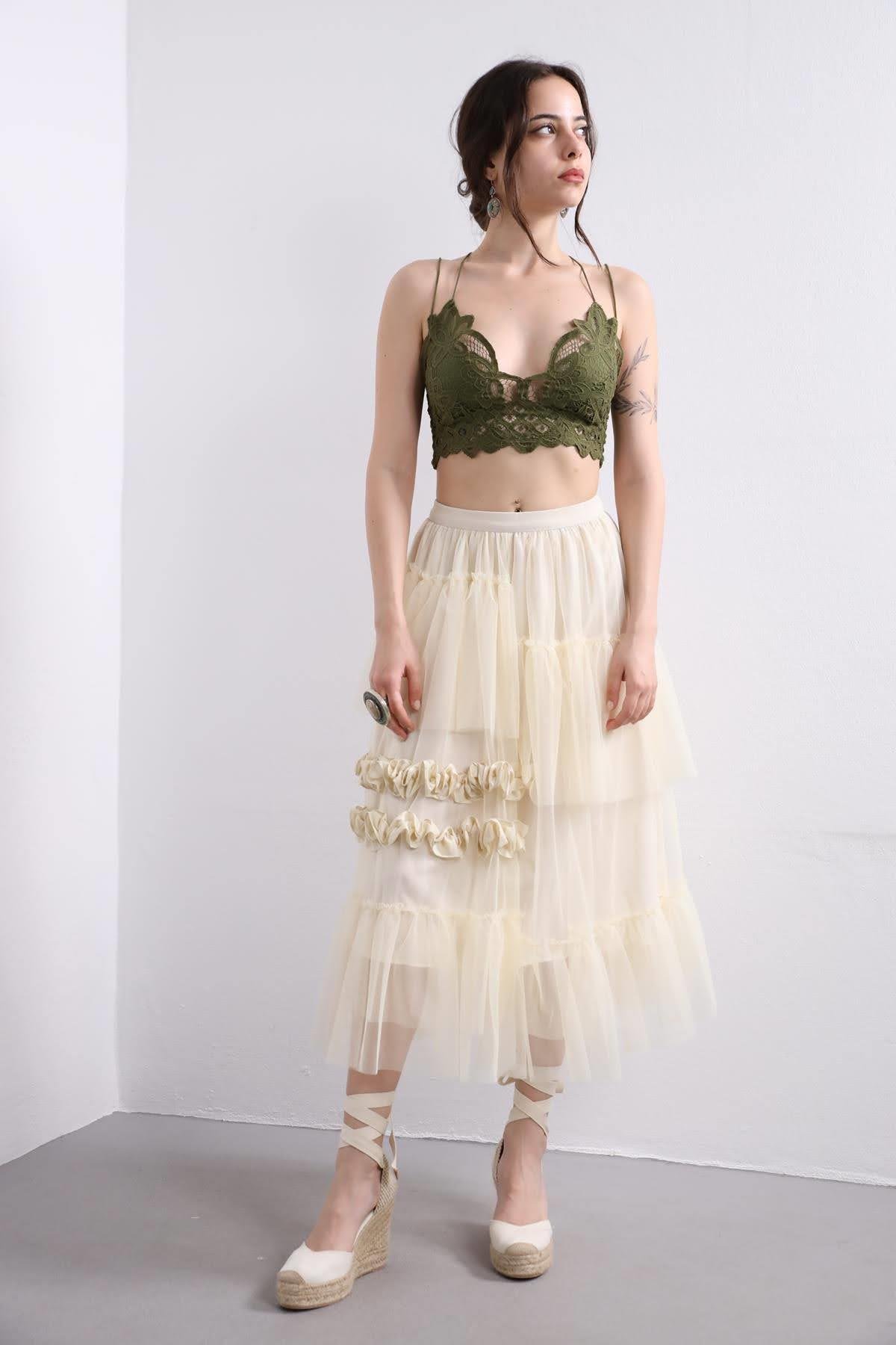 Cream Layered Tulle Skirt - Saman Butik | Shop Online