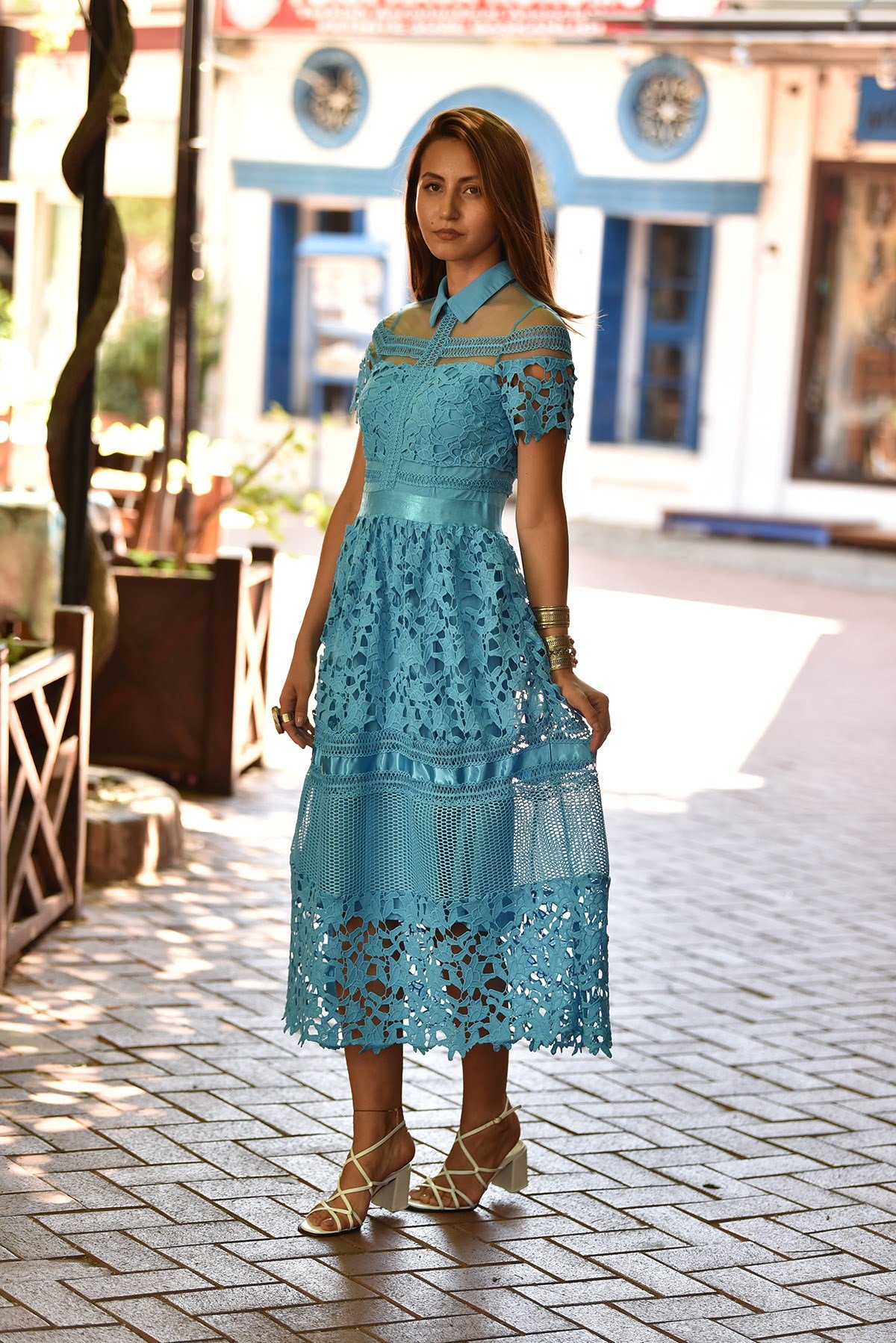Mavi Güpürlü Yakalı Romantik Elbise - Şaman Butik - Bohem Giyim ve Aksesuar  | Kadın & Erkek