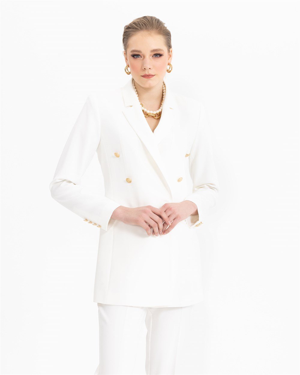 Seçil Kadın Metalik Düğmeli Blazer Ceket Beyaz 10222105401039
