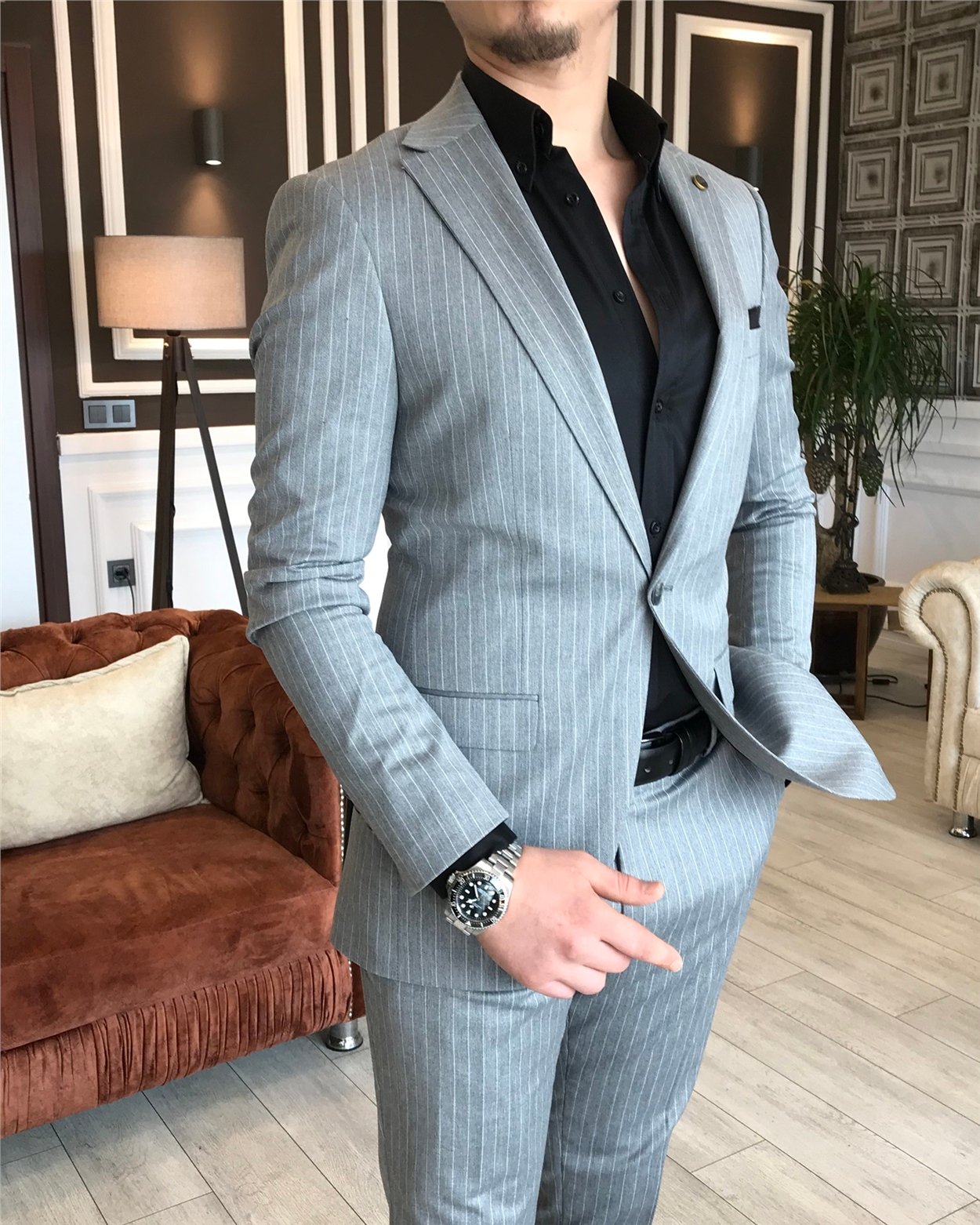 İtalyan stil slim fit çizgili erkek ceket pantolon takım elbise Gri T4899