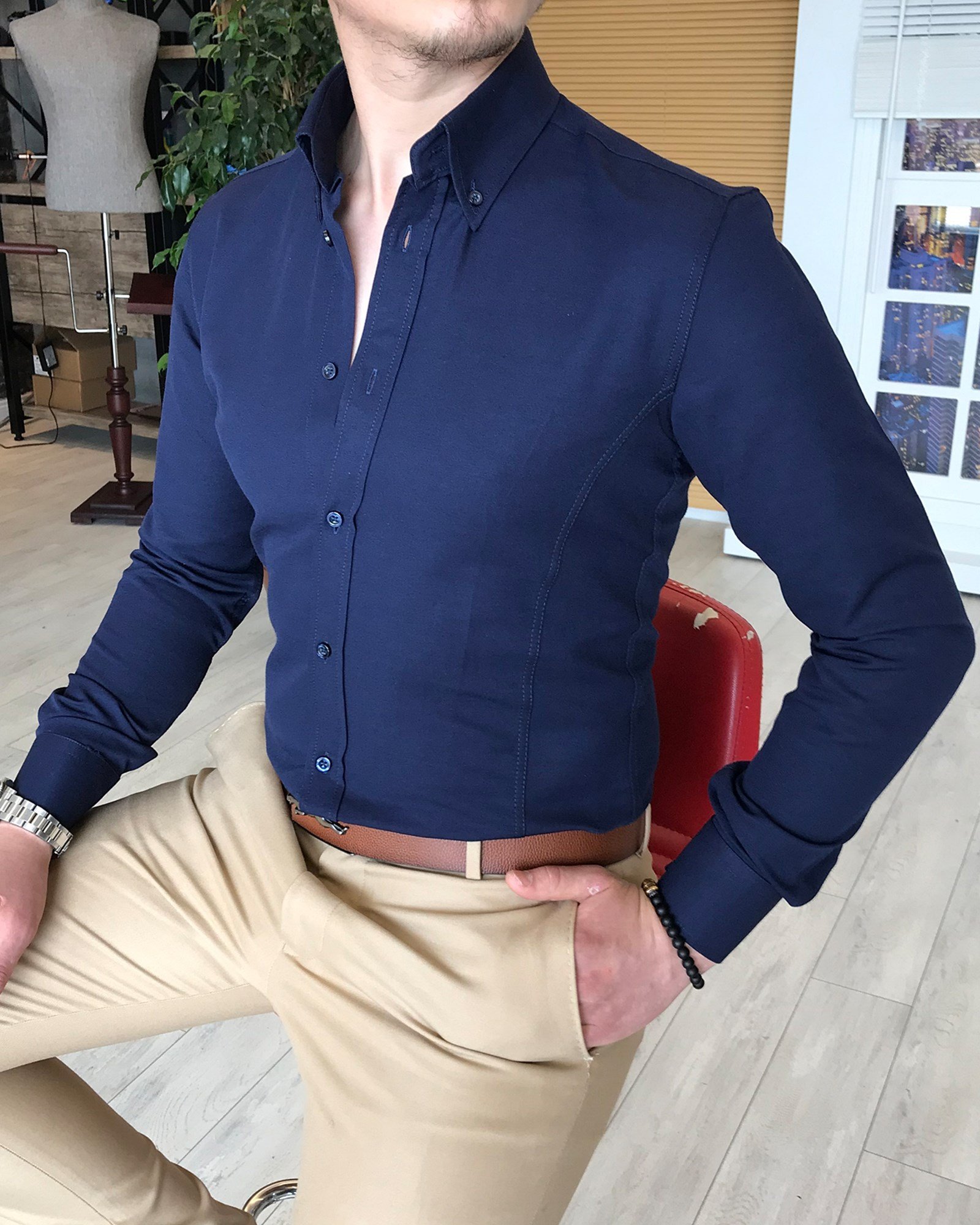 italyan stil slim fit dik yaka saten erkek gömlek Koyu Lacivert T4740