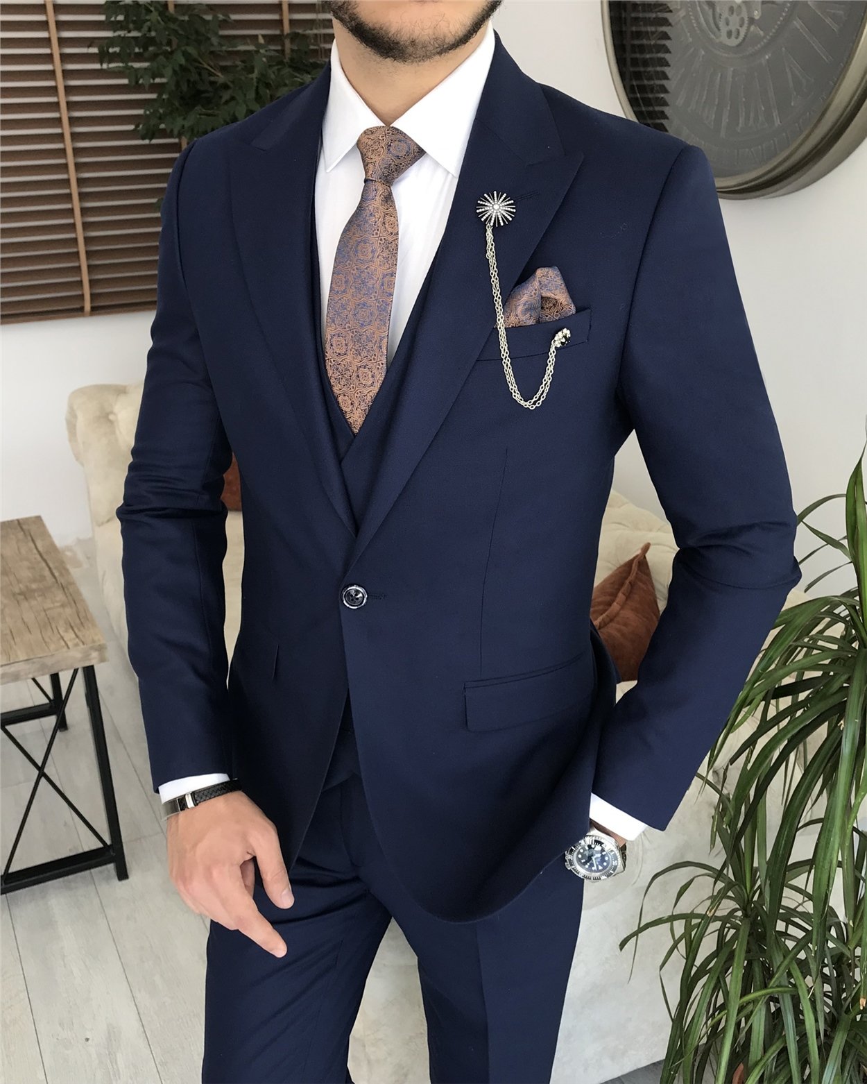 Italian Style Slim Fit Men's Jacket Vest Pants Suit Navy Blue T8118