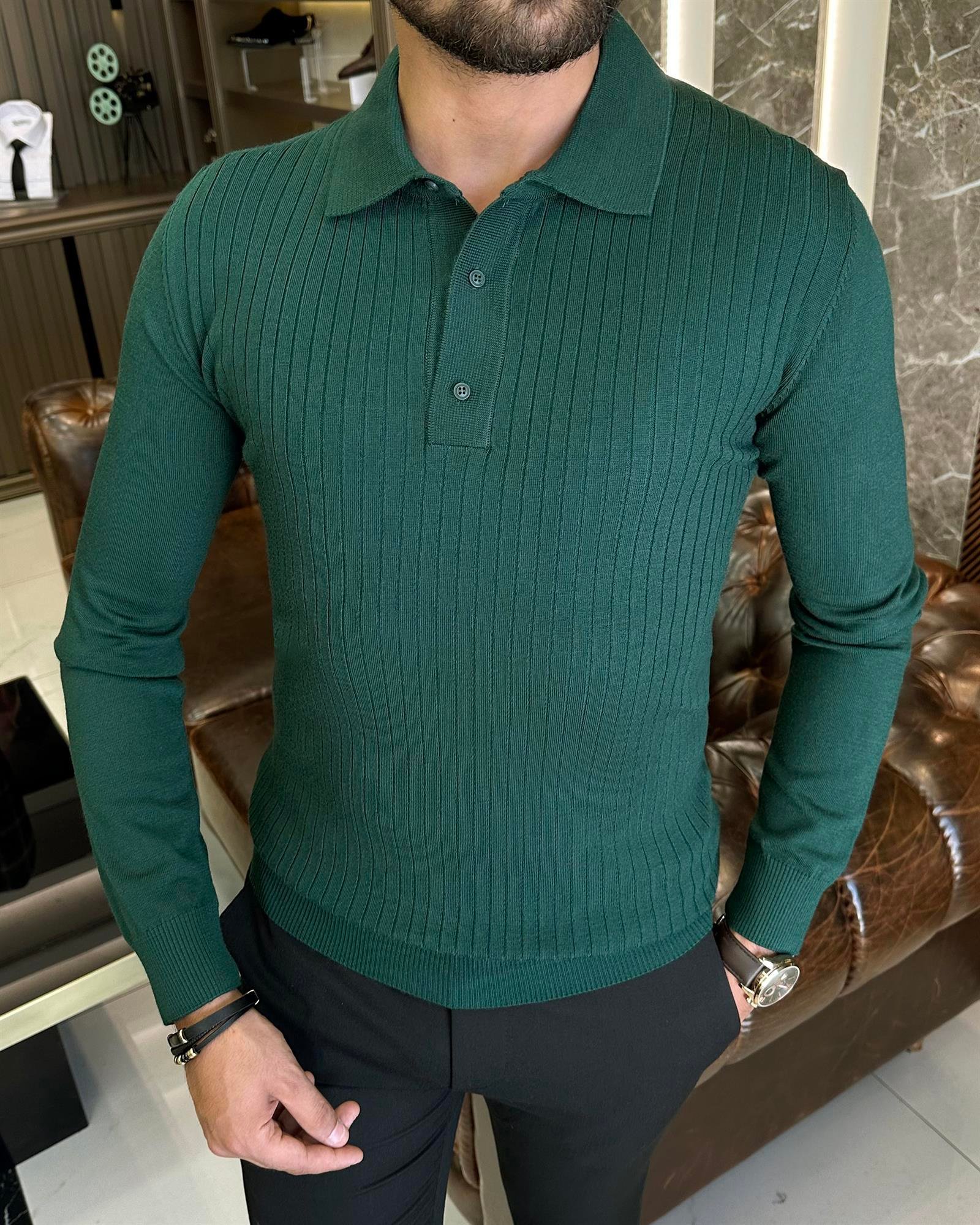Italian style slim fit polo collar buttoned knitwear men's sweater green  T10185