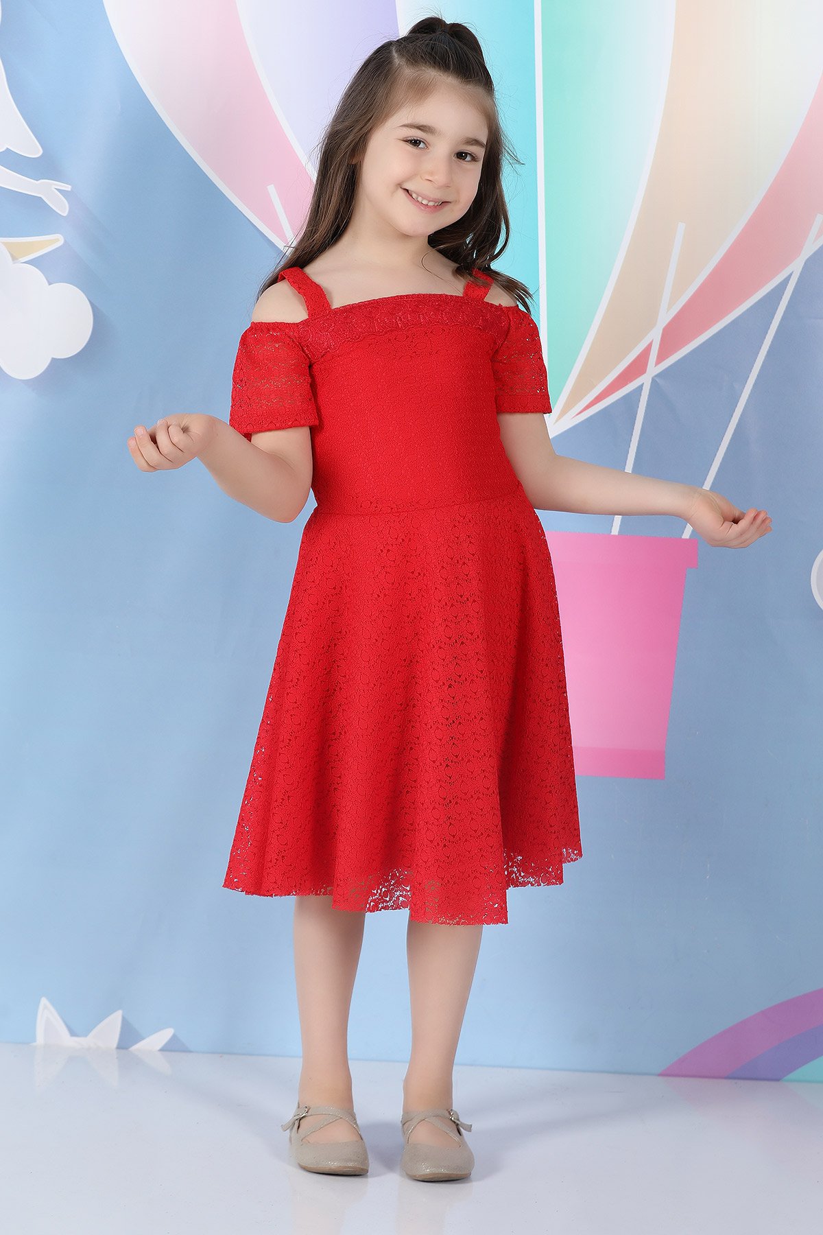 Kırmızı Dantelli Askılı Kız Çocuk Elbise 332958- tozlu.com