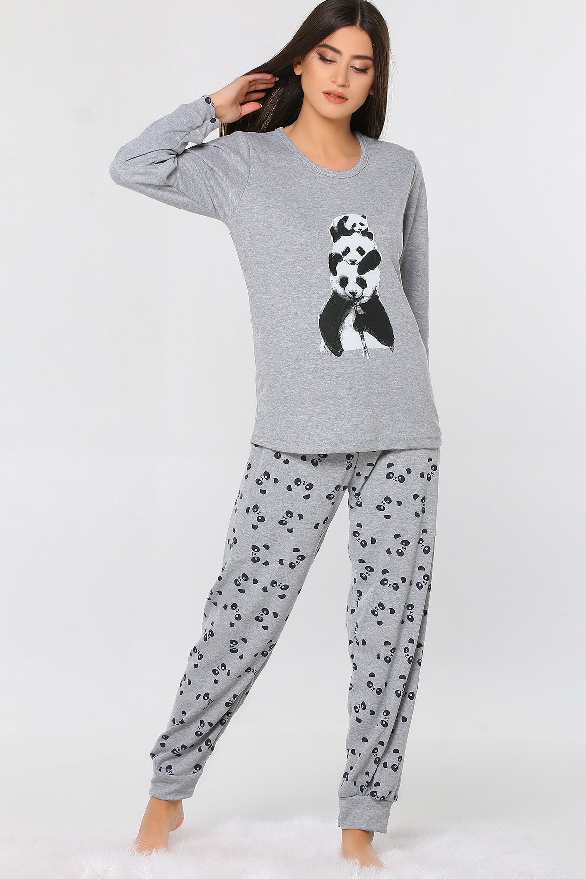 Gri Panda Baskılı Desenli Kadın Pijama Takımı 428536- tozlu.com