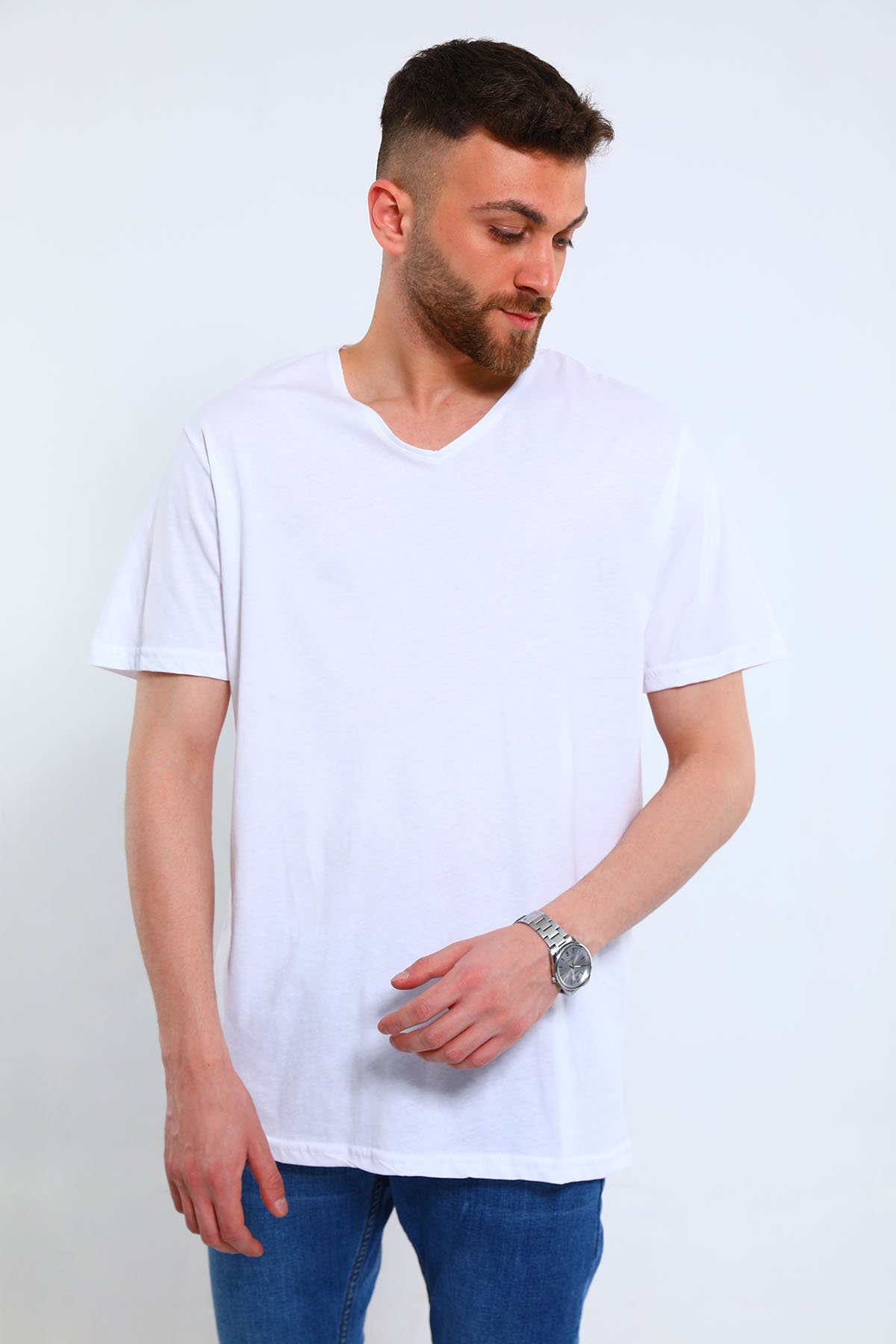 Erkek V Yaka Basic T-shirt Beyaz 498915 - tozlu.com