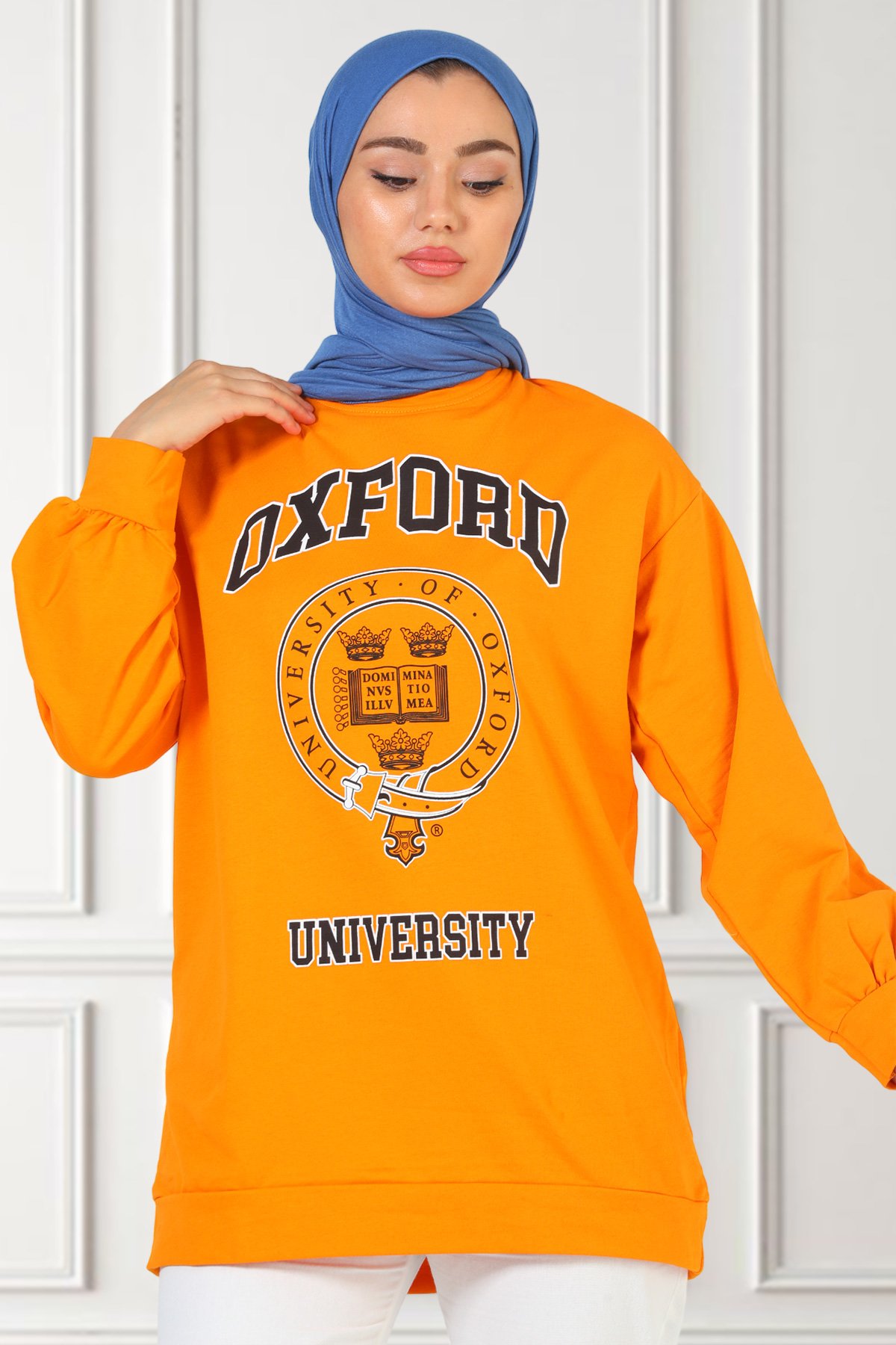 Kadın Oxford Baskılı Sweat Tunik Hardal 491271 - tozlu.com