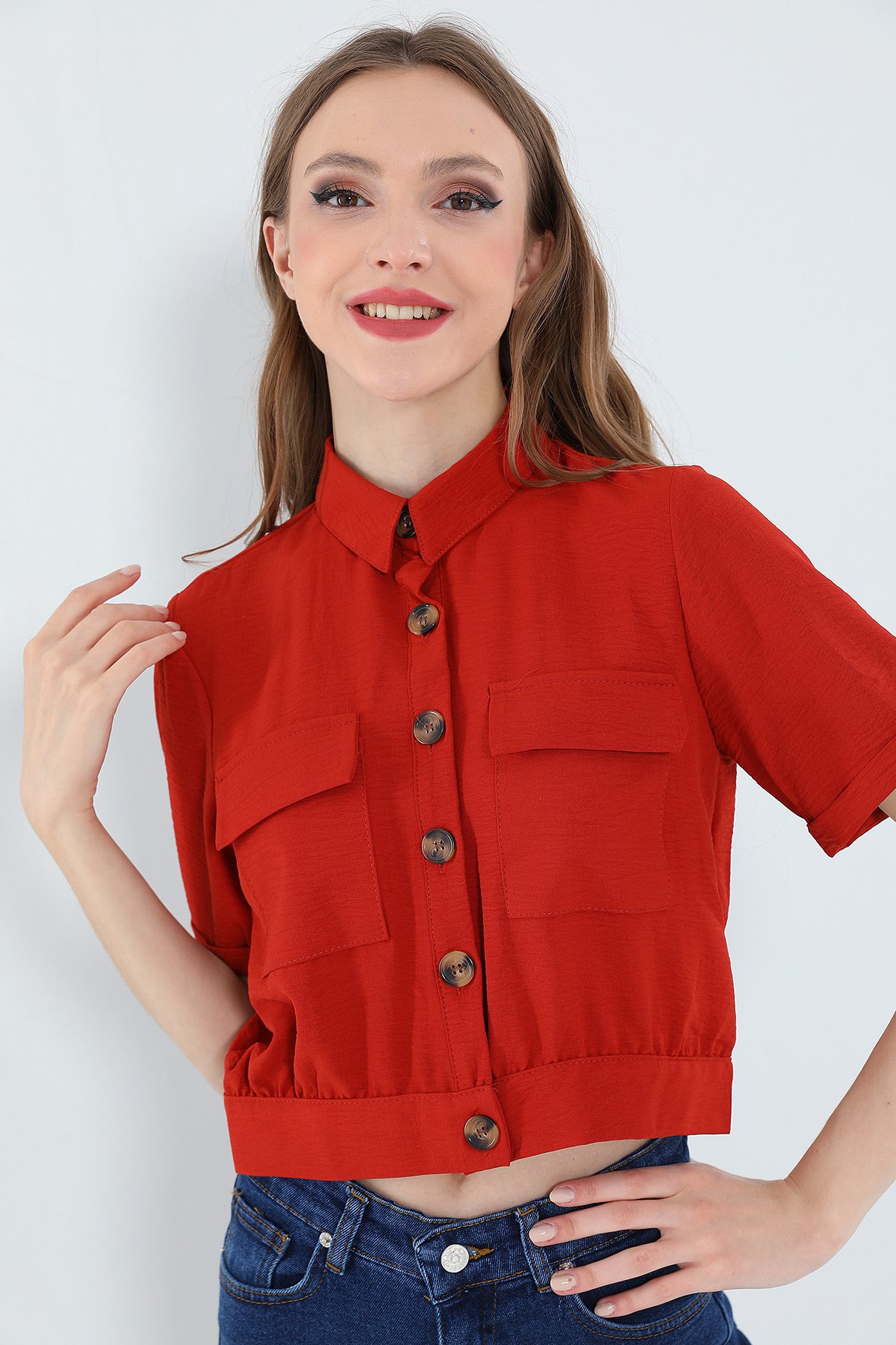 Kiremit Kadın Kısa Kollu Yazlık Ayrobin Crop Gömlek Ceket