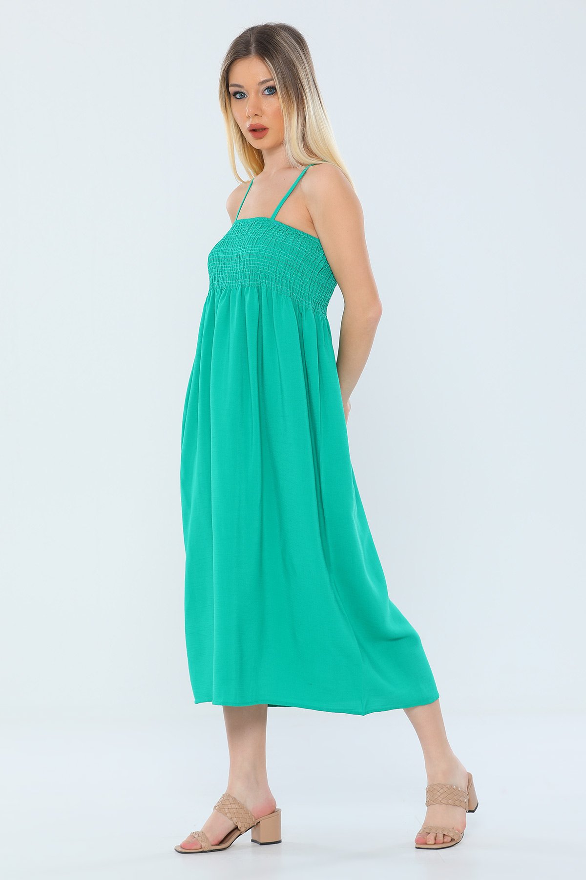 Yeşil Kadın İp Askılı Eteği Salaş Elbise 473178- tozlu.com