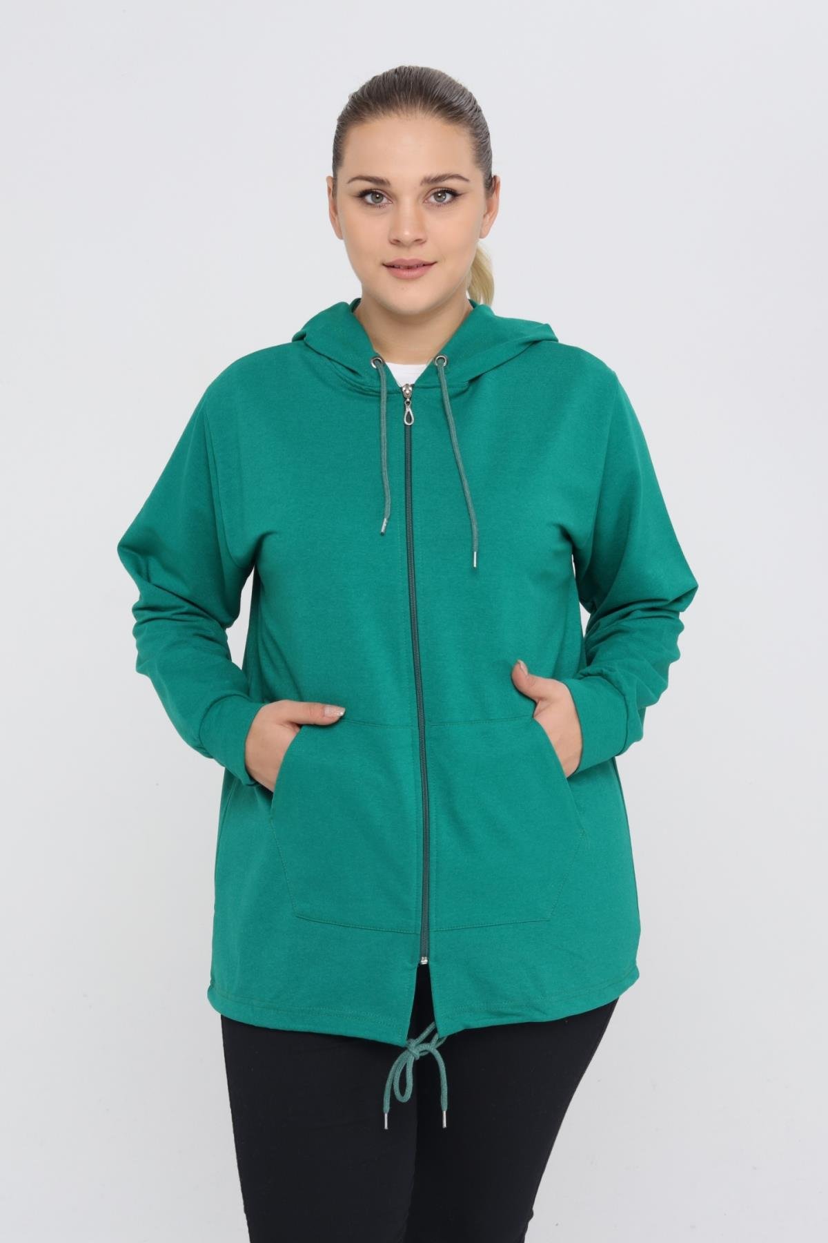 Kadın Büyük Beden Kapüşonlu Kışlık Fermuarlı Model 2 Cepli Uzun Spor &  Günlük Sweatshirt