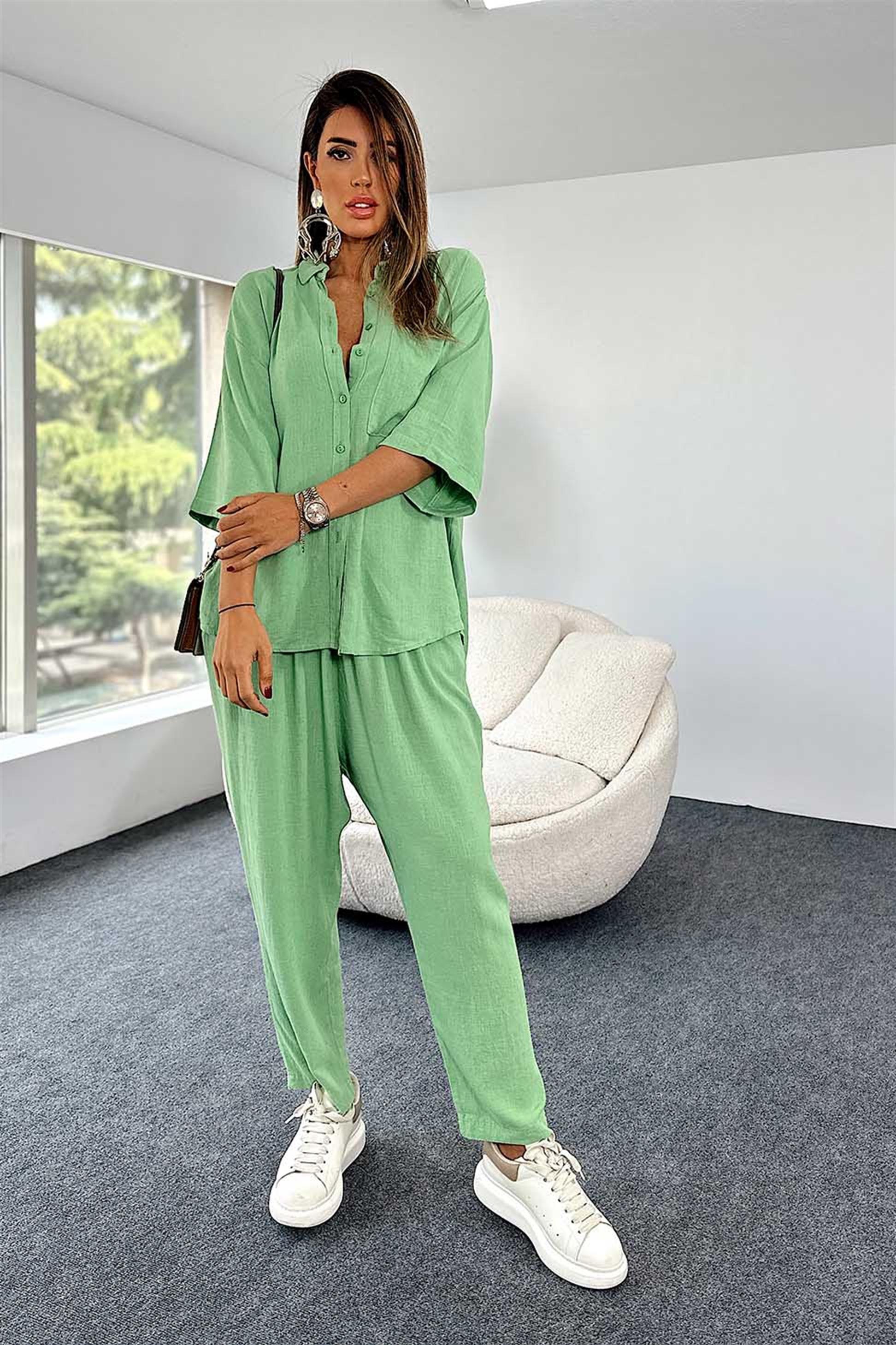 Ham Keten Gömlek Pantolon İkili Kadın Takım Yeşil - Butik Gardrop