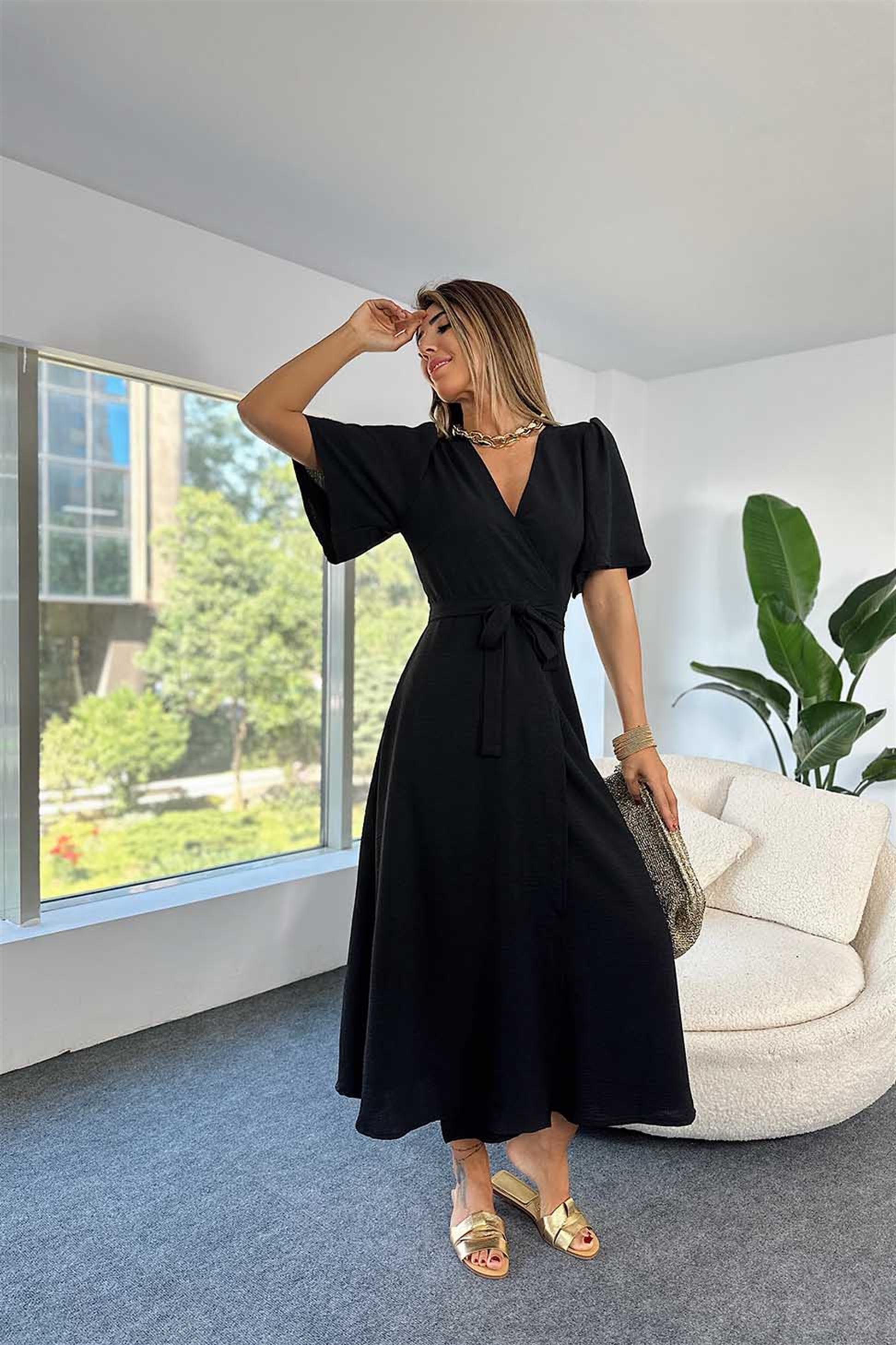 Krep Kumaş Belden Kuşak Bağlamalı Kruvaze Elbise Siyah - Butik Gardrop