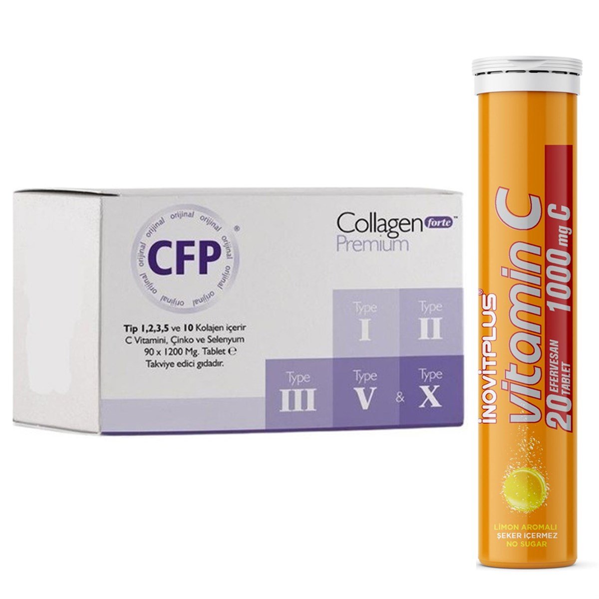 Collagen Forte Premium 90 Tablet + İnovitplus Vitamin C 20 Efervesan Tablet  | Vitamin Dolabı