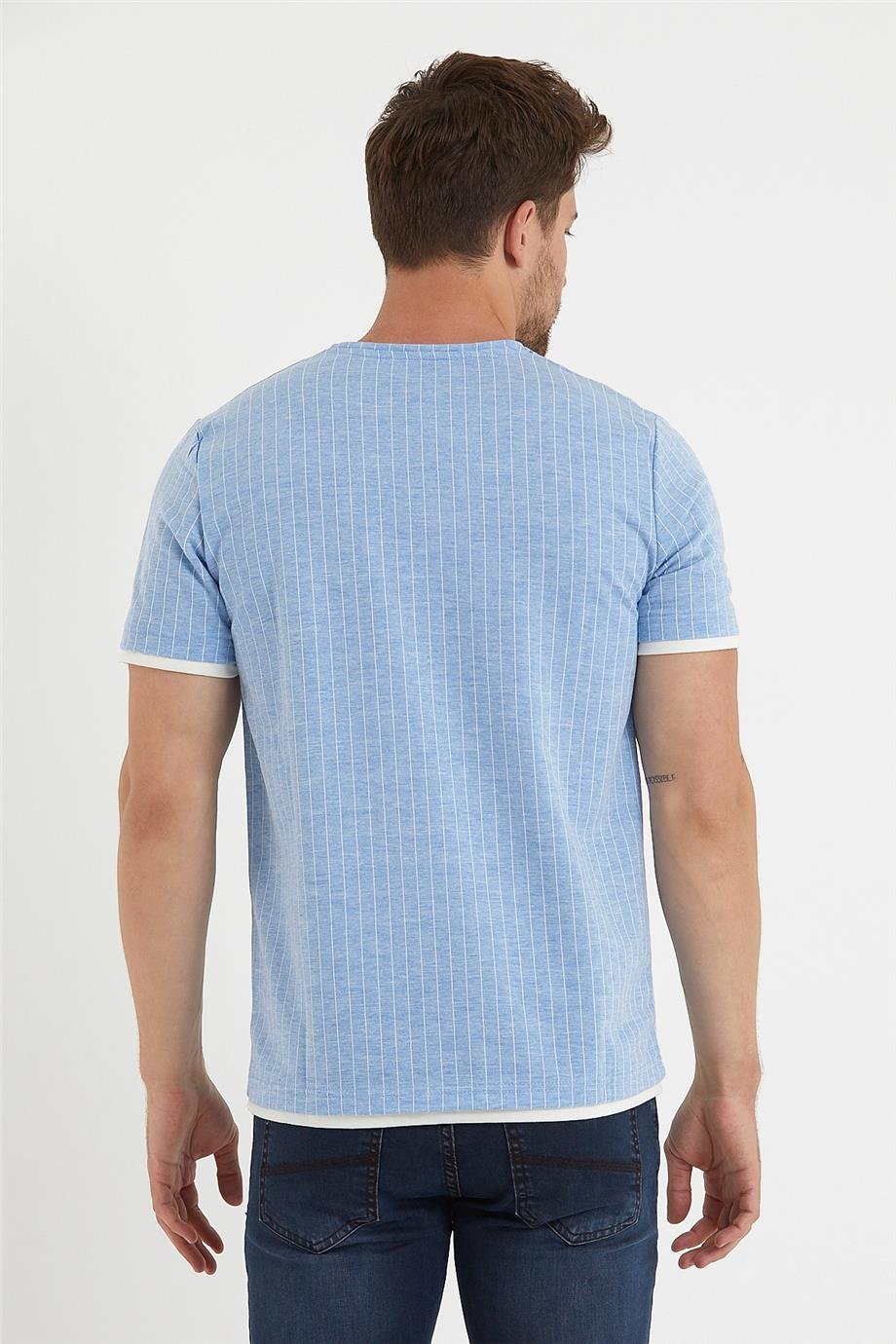 Erkek Dikey Çizgili O Yaka Basic Tişört 3010 - Mavi - Beyaz - Bisiklet yaka çizgili  tişört