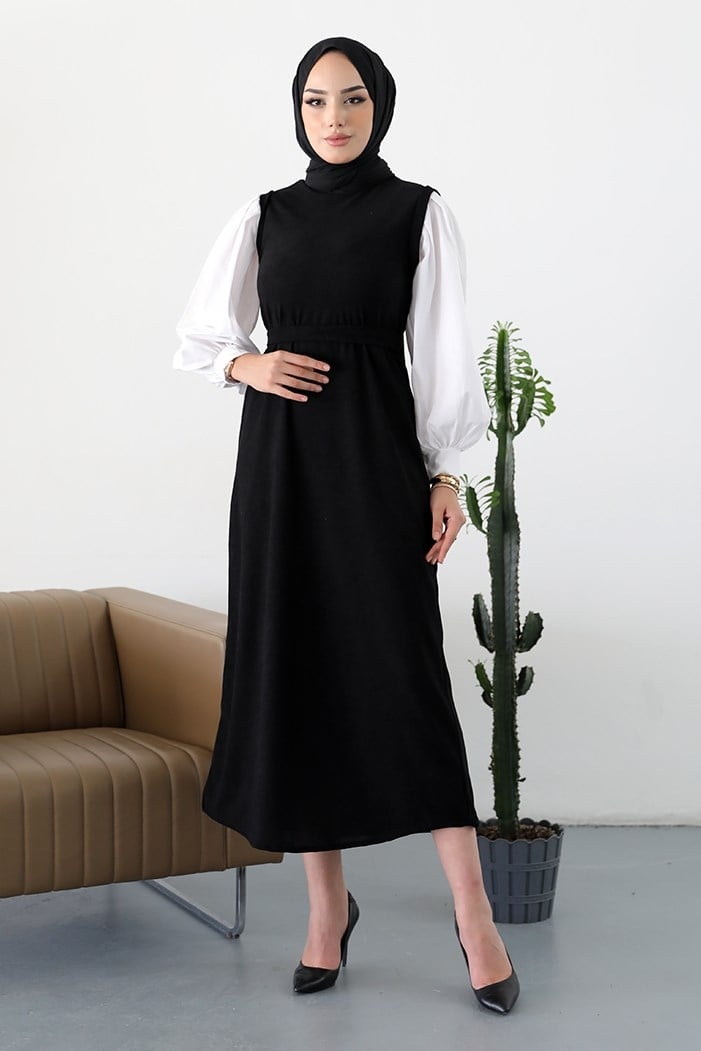 Lina Süveter Detaylı Gömlek Kol Tesettür Elbise 361 - Siyah