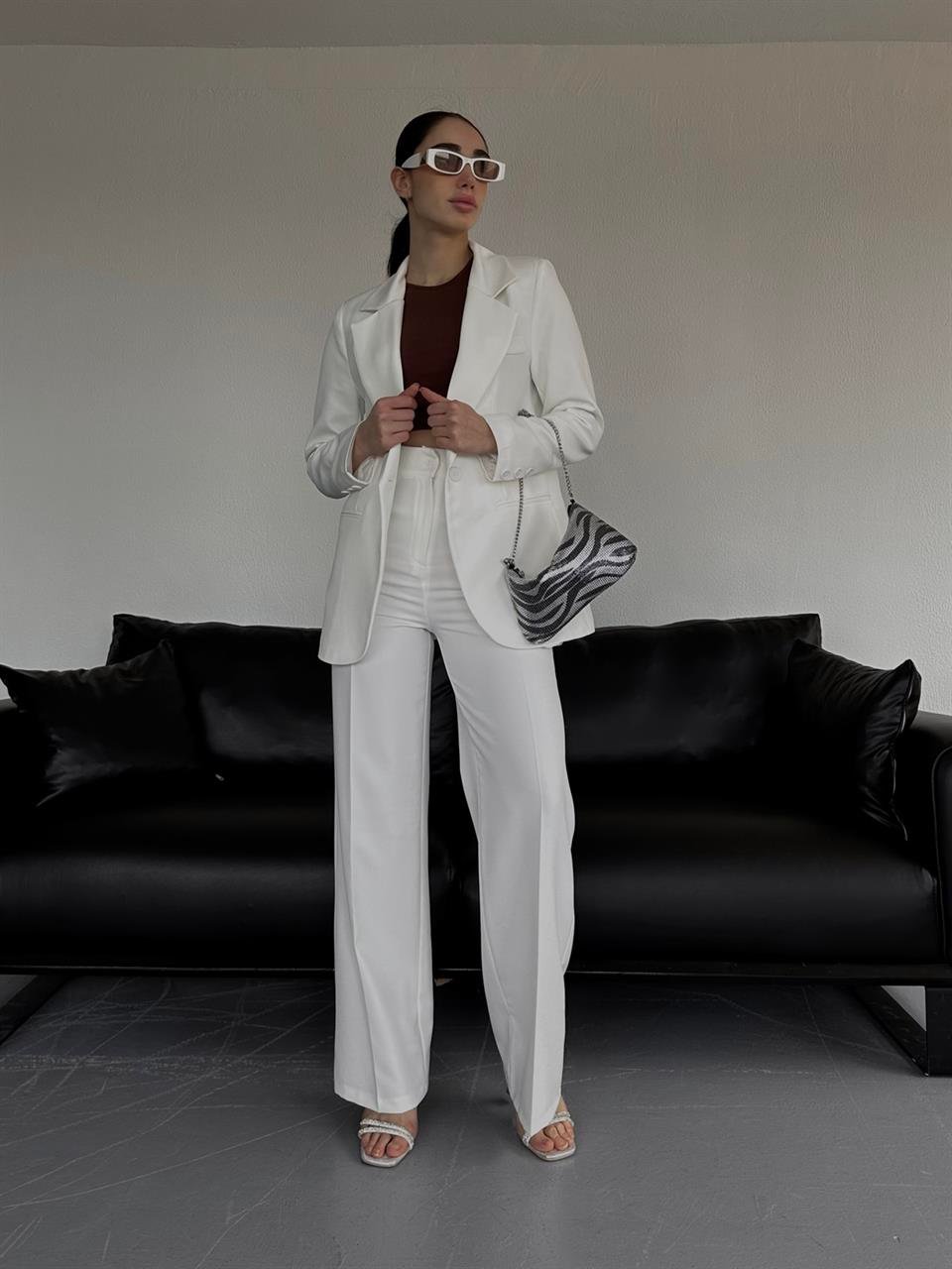 Kadın Tek Düğme Blazer Ceket Yüksek Bel Pantolon Kadın Takım Beyaz | Ello