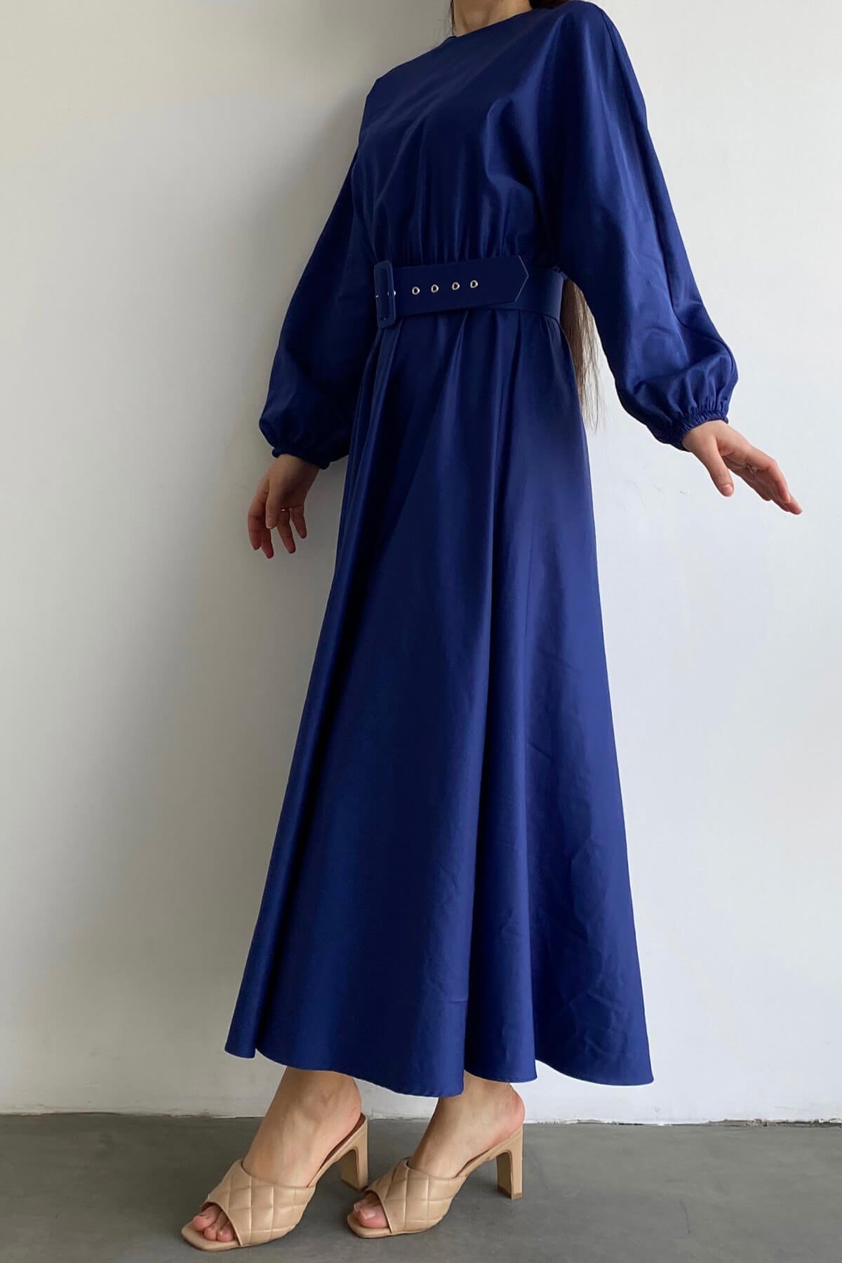 Bilek Ve Kemer Altı Lastikli Gece Mavisi Poplin Elbise